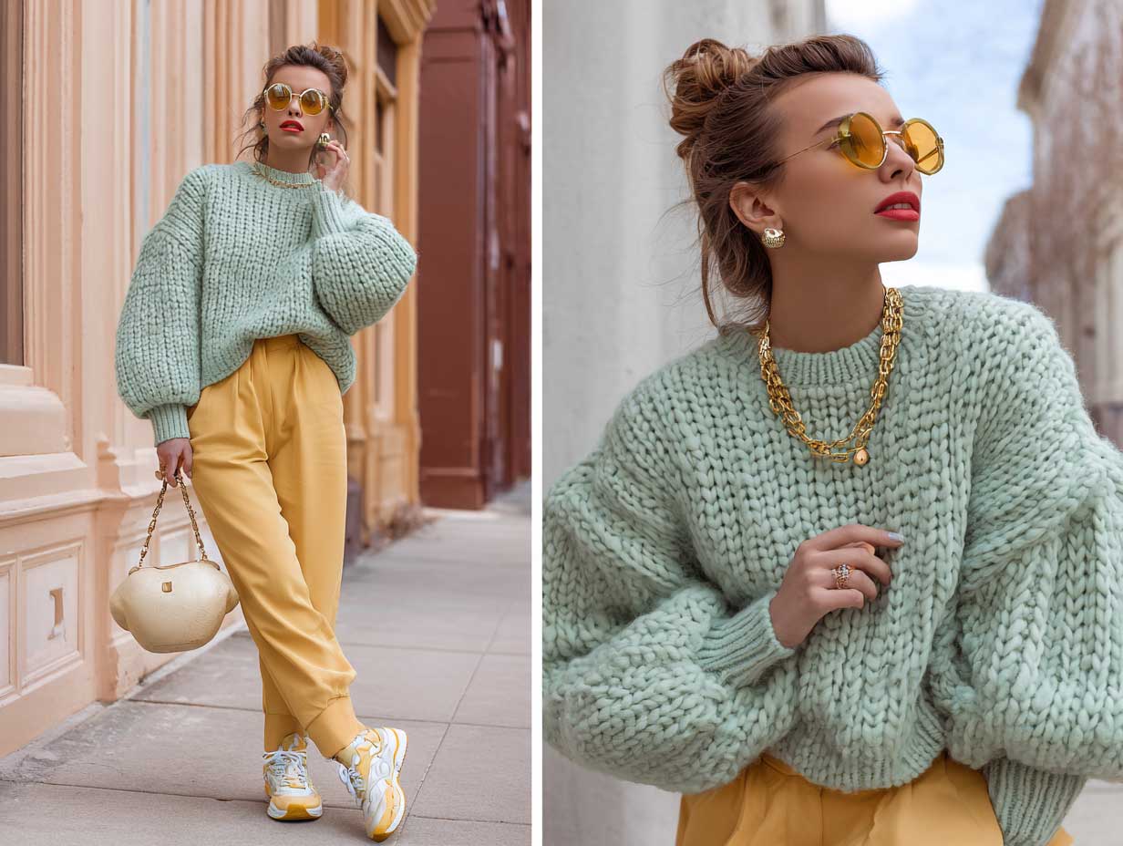 full-length fashion model wearing yellow wide leg trousers and oversized mint green chunky knit sweater, walking through a city park in autumn, relaxed pose, cozy fashion aesthetic, warm sunlight, natural shadows, high fashion styling, pastel palette