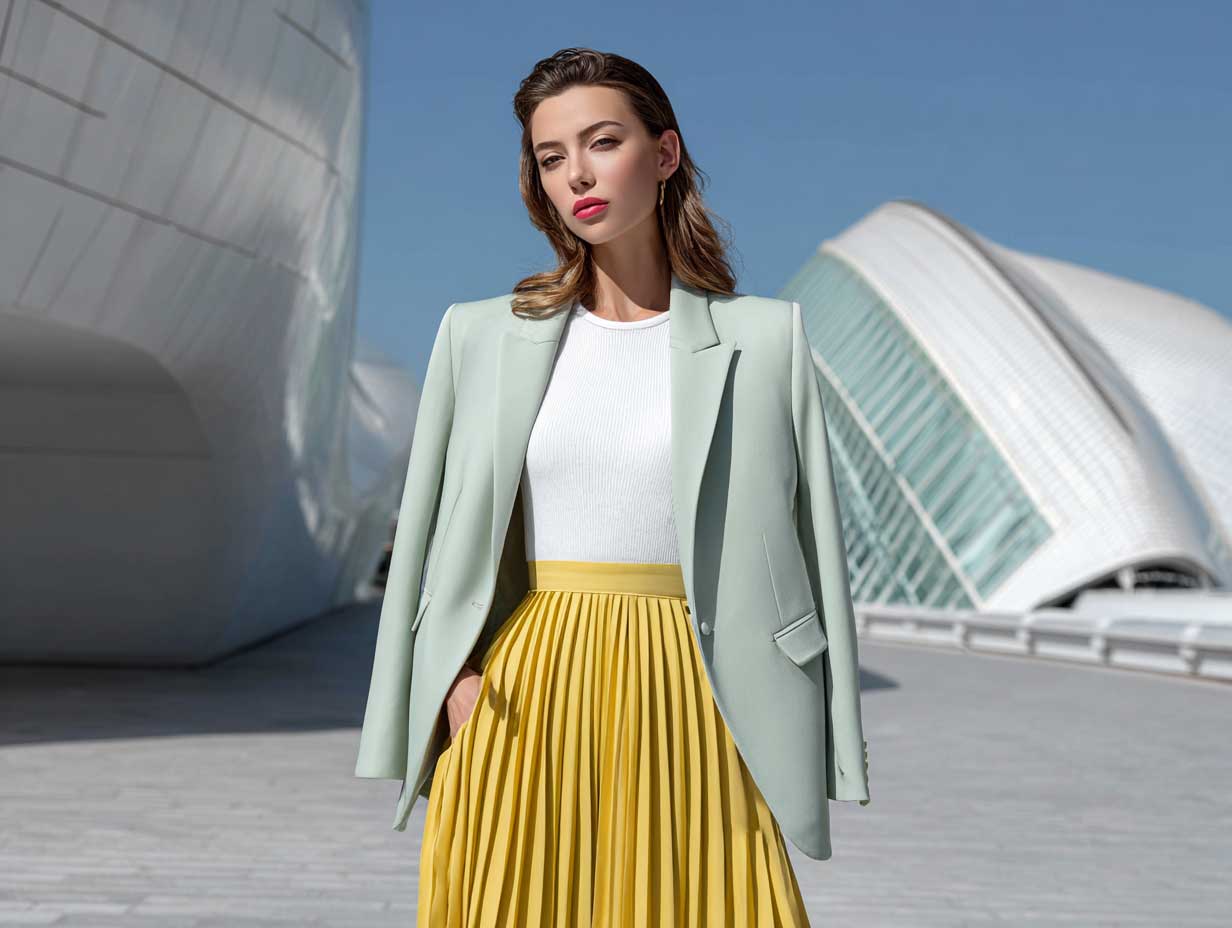 full-length fashion model wearing yellow pleated midi skirt, white fitted top, and oversized mint green blazer, standing in front of modern architectural background, confident pose, pastel professional styling, natural sunlight, clean aesthetic