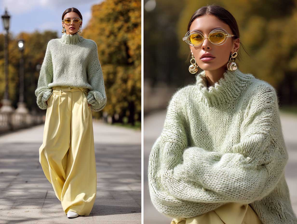 full-length fashion model wearing yellow wide leg trousers and oversized mint green chunky knit sweater, walking through a city park in autumn, relaxed pose, cozy fashion aesthetic, warm sunlight, natural shadows, high fashion styling, pastel palette