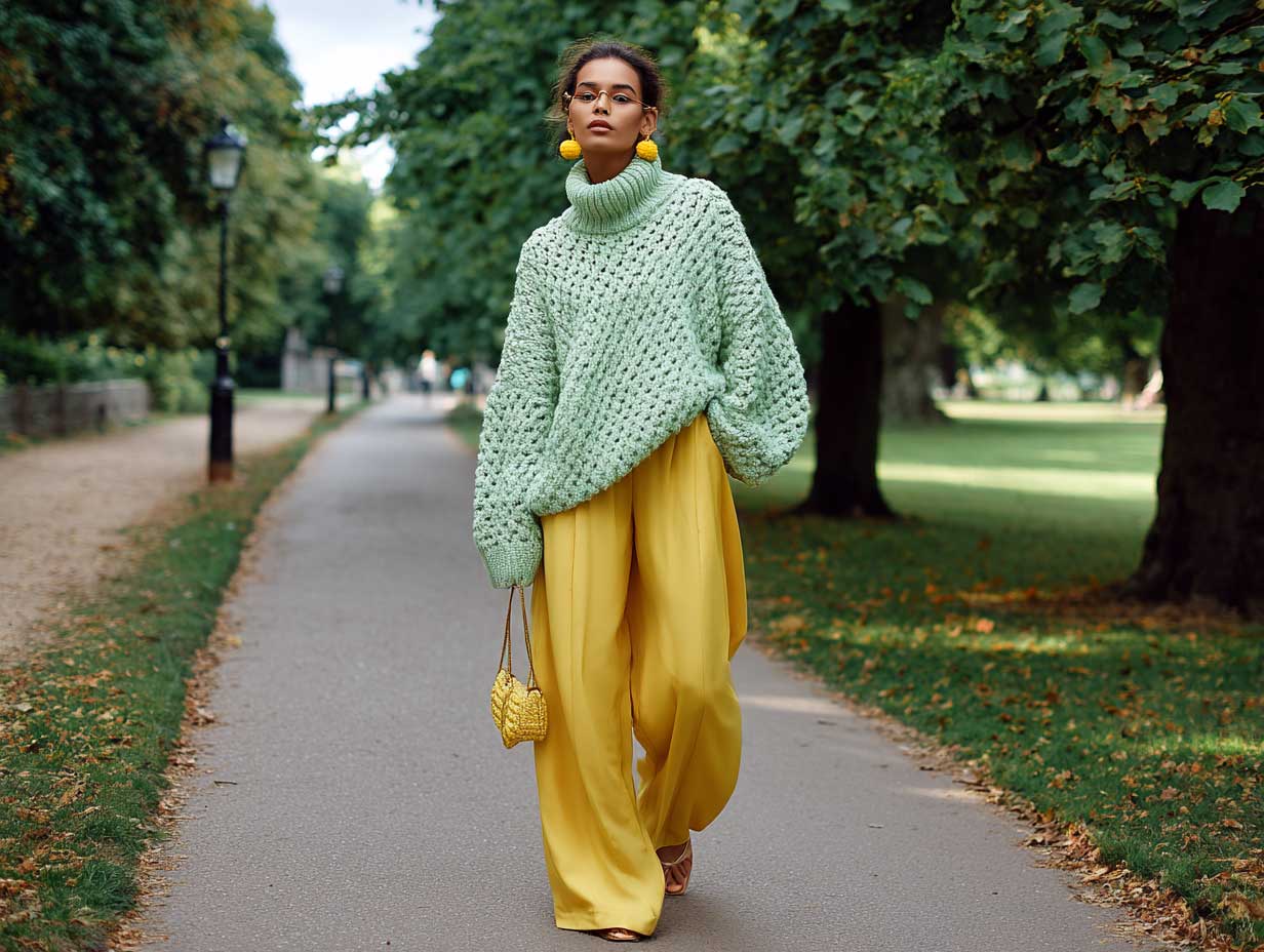 full-length fashion model wearing yellow wide leg trousers and oversized mint green chunky knit sweater, walking through a city park in autumn, relaxed pose, cozy fashion aesthetic, warm sunlight, natural shadows, high fashion styling, pastel palette
