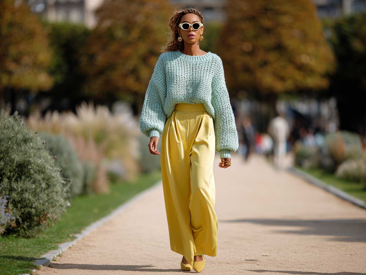 full-length fashion model wearing yellow wide leg trousers and oversized mint green chunky knit sweater, walking through a city park in autumn, relaxed pose, cozy fashion aesthetic, warm sunlight, natural shadows, high fashion styling, pastel palette