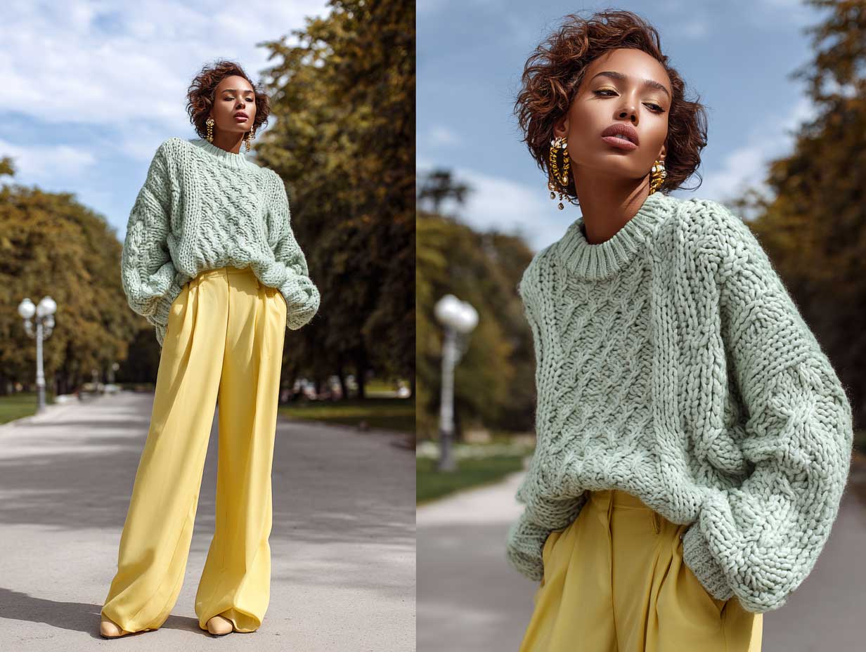 full-length fashion model wearing yellow wide leg trousers and oversized mint green chunky knit sweater, walking through a city park in autumn, relaxed pose, cozy fashion aesthetic, warm sunlight, natural shadows, high fashion styling, pastel palette
