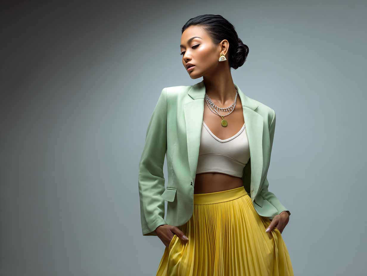 full-length fashion model wearing yellow pleated midi skirt, white fitted top, and oversized mint green blazer, standing in front of modern architectural background, confident pose, pastel professional styling, natural sunlight, clean aesthetic