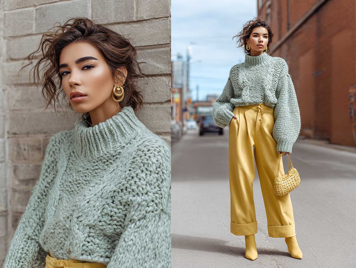 full-length fashion model wearing yellow wide leg trousers and oversized mint green chunky knit sweater, walking through a city park in autumn, relaxed pose, cozy fashion aesthetic, warm sunlight, natural shadows, high fashion styling, pastel palette