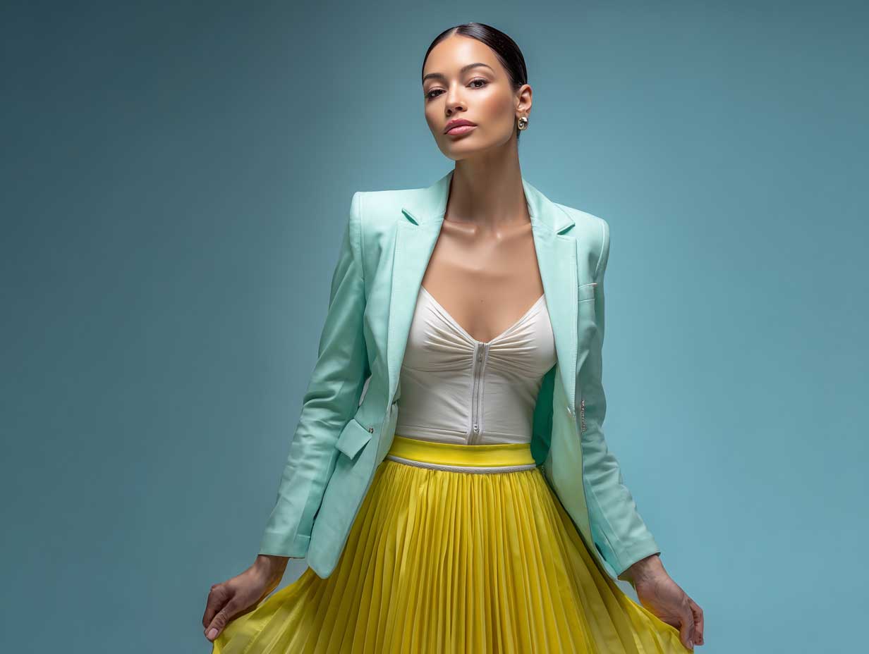 full-length fashion model wearing yellow pleated midi skirt, white fitted top, and oversized mint green blazer, standing in front of modern architectural background, confident pose, pastel professional styling, natural sunlight, clean aesthetic