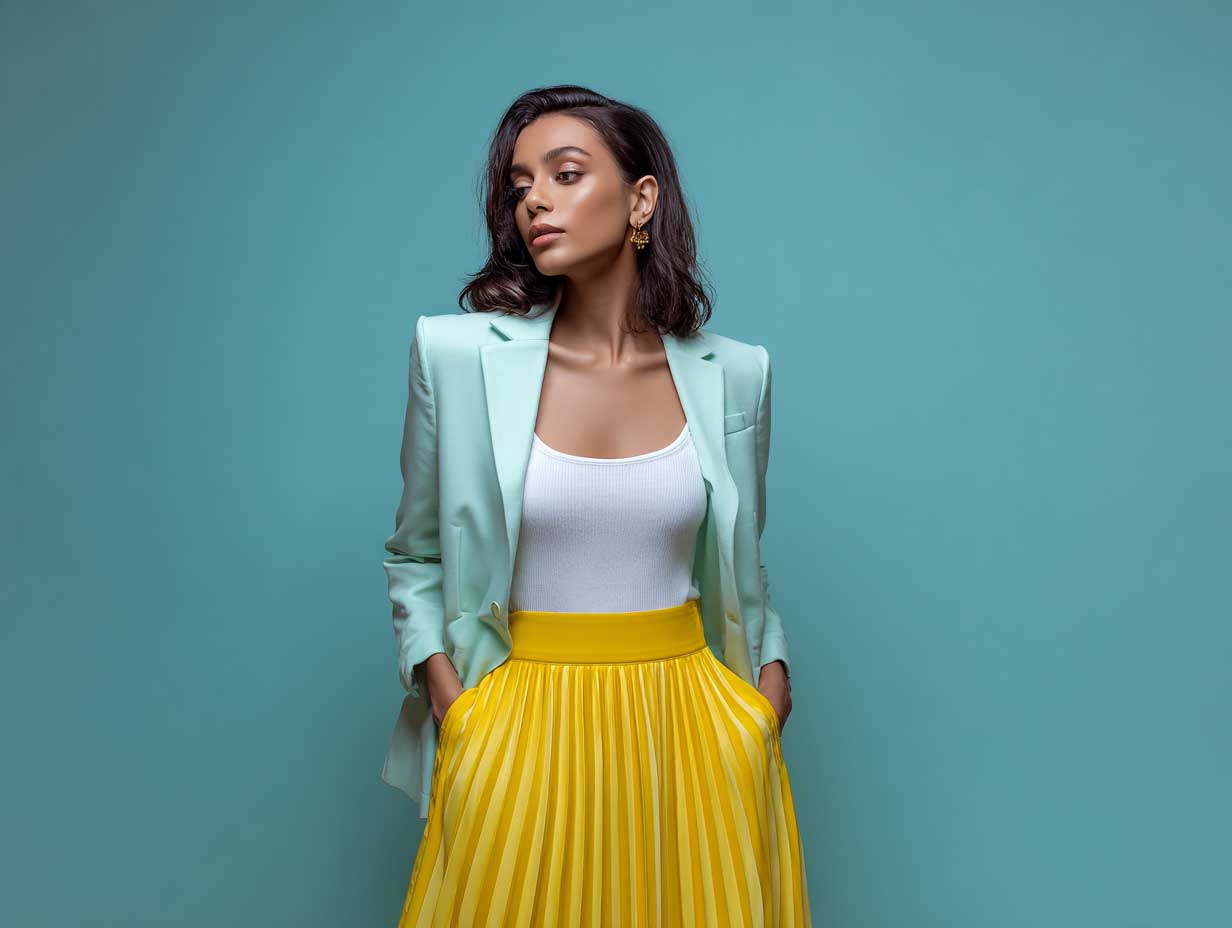 full-length fashion model wearing yellow pleated midi skirt, white fitted top, and oversized mint green blazer, standing in front of modern architectural background, confident pose, pastel professional styling, natural sunlight, clean aesthetic