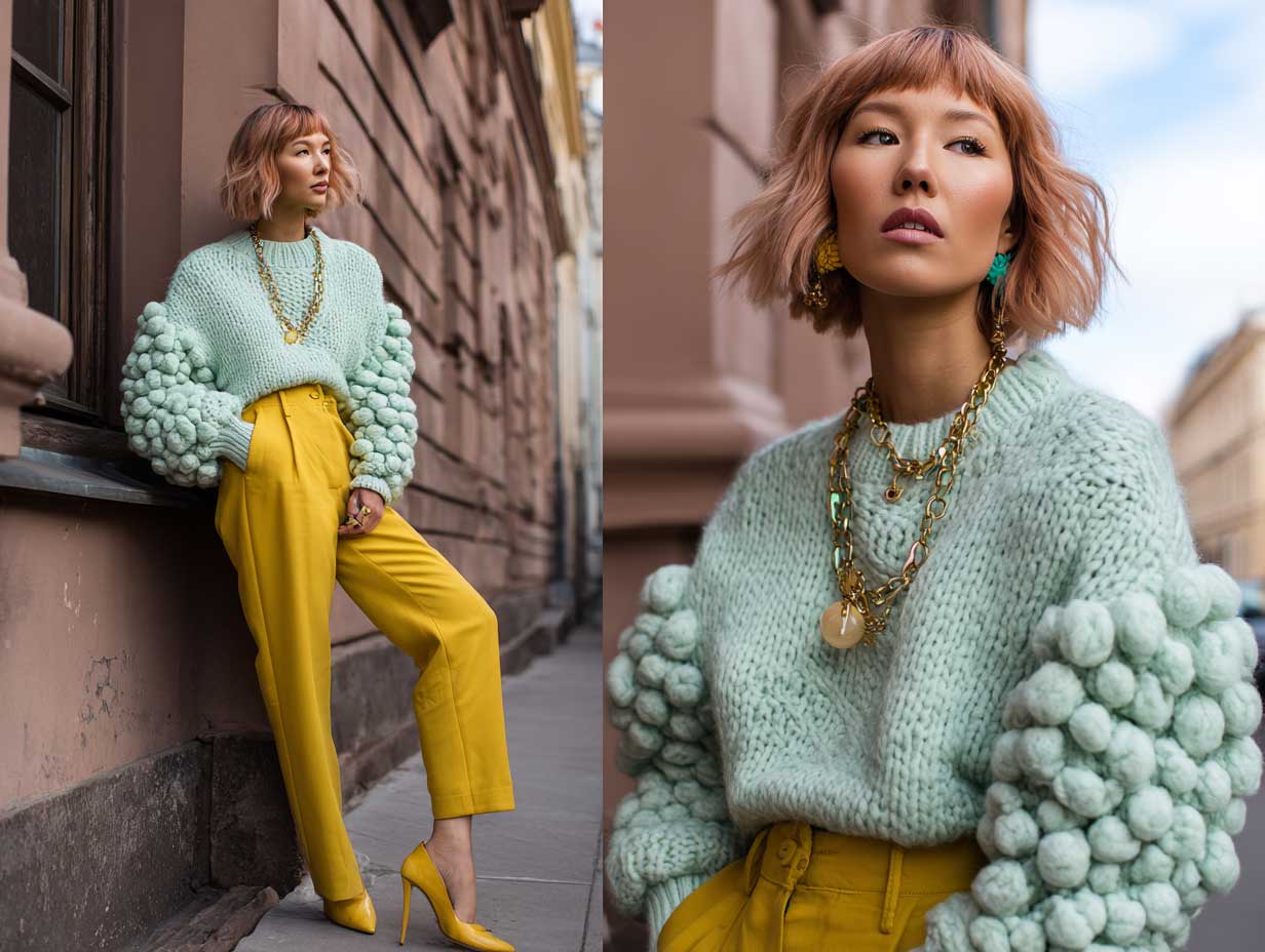 full-length fashion model wearing yellow wide leg trousers and oversized mint green chunky knit sweater, walking through a city park in autumn, relaxed pose, cozy fashion aesthetic, warm sunlight, natural shadows, high fashion styling, pastel palette