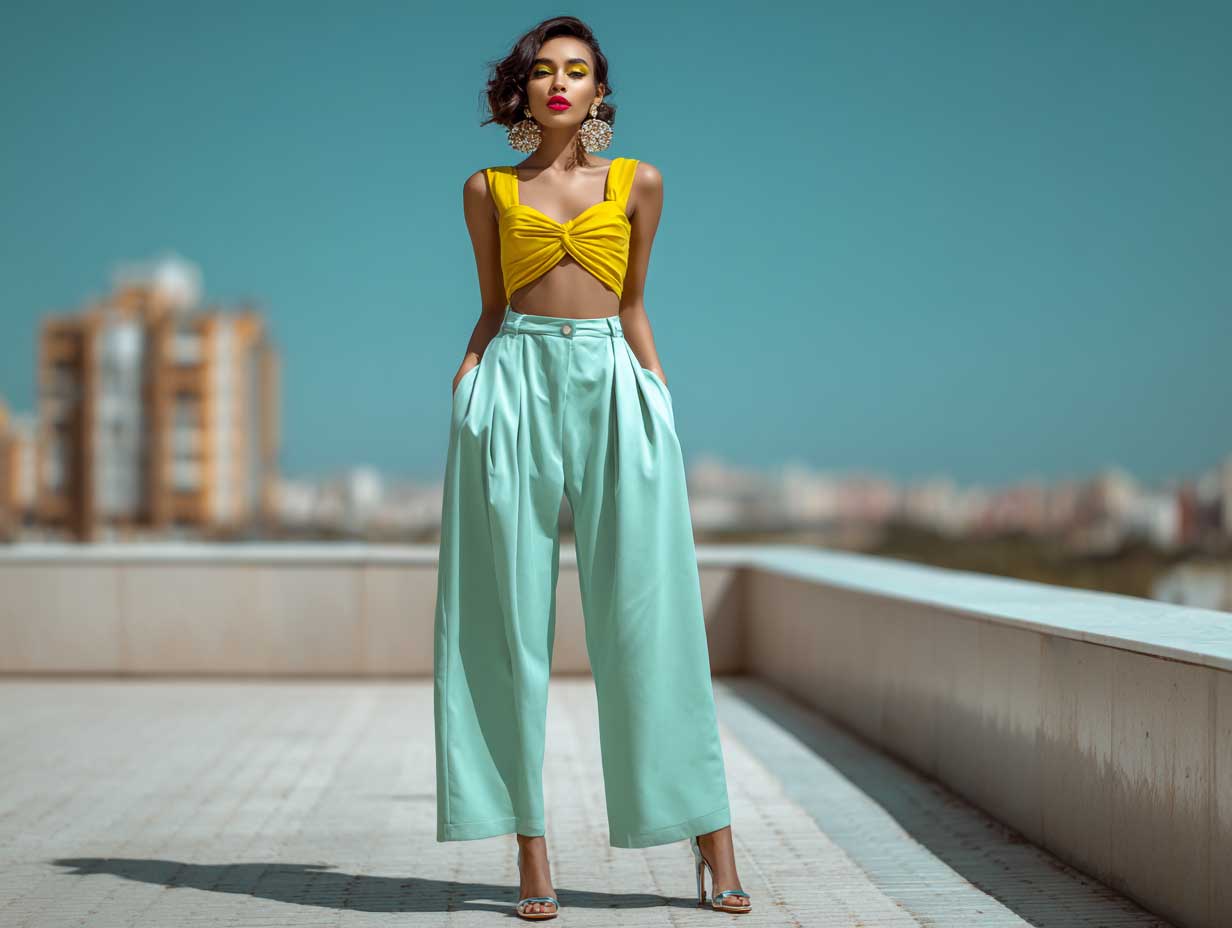 full-length fashion model wearing mint green high waist wide leg pants and a yellow cropped blouse, pastel spring outfit, photographed on a city street with soft natural light, relaxed confident pose, fashion week vibe