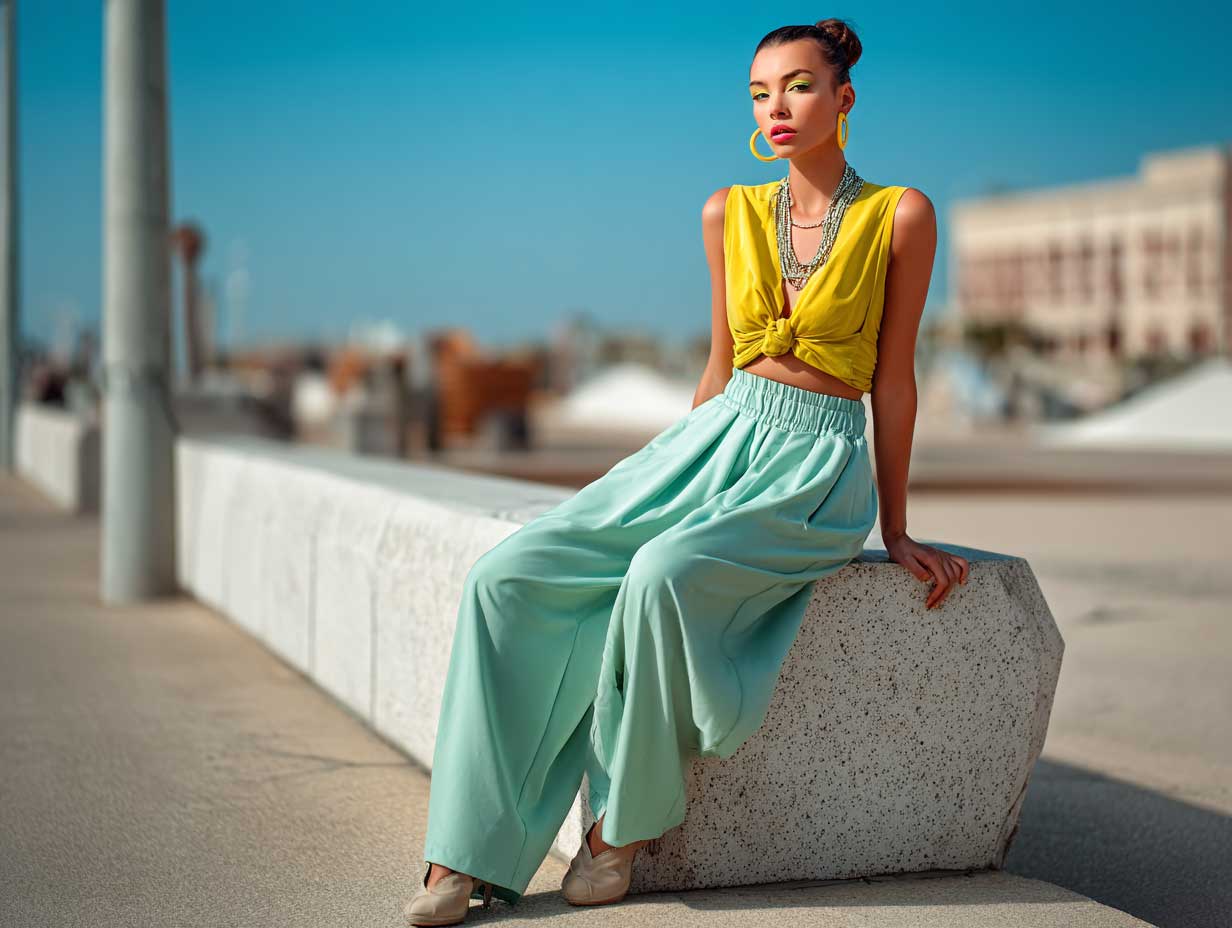 full-length fashion model wearing mint green high waist wide leg pants and a yellow cropped blouse, pastel spring outfit, photographed on a city street with soft natural light, relaxed confident pose, fashion week vibe