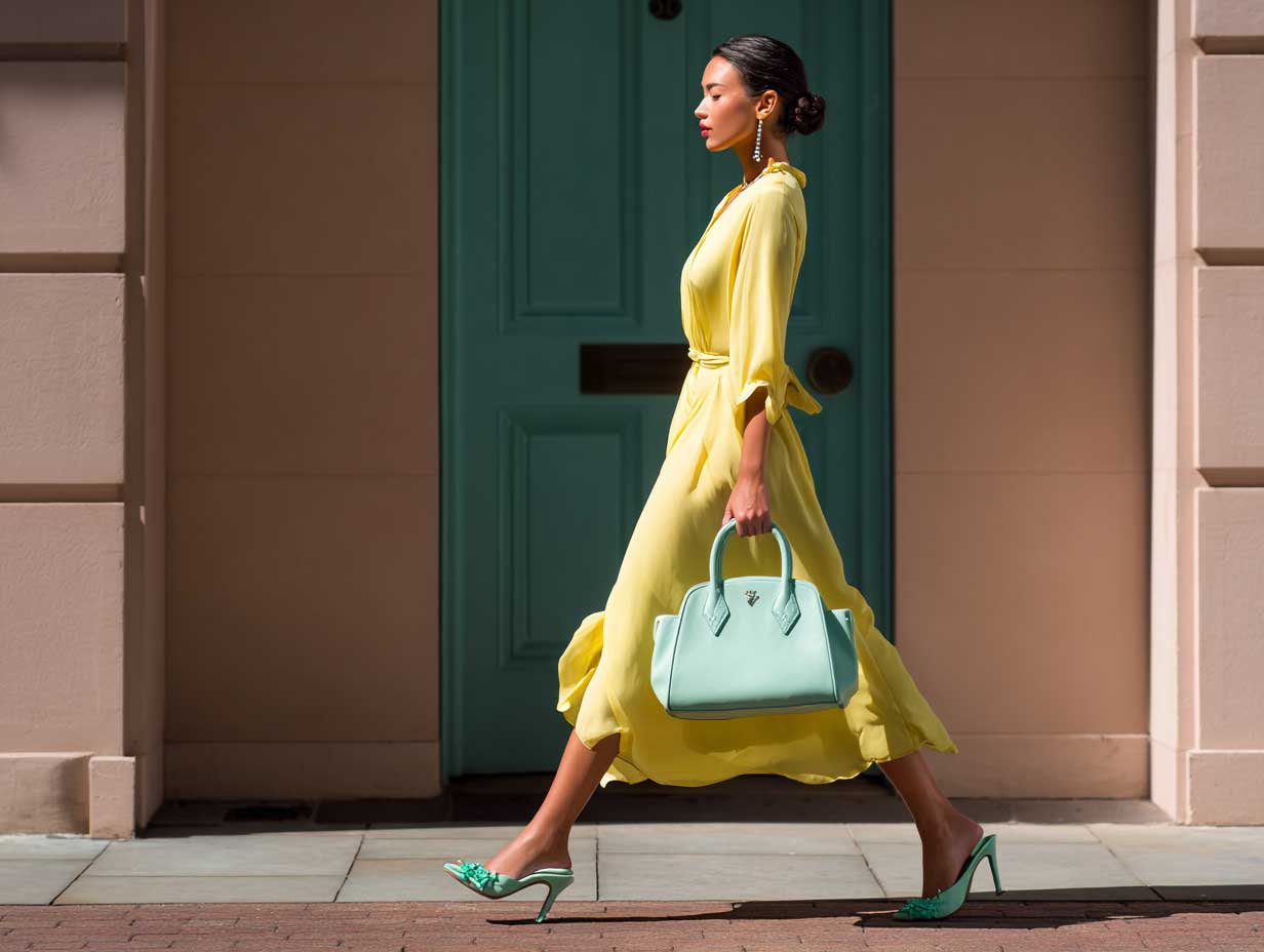 full-length fashion model wearing a flowy yellow midi dress with mint green handbag and mint green heels, pastel fashion styling, sunny urban street, soft shadows, graceful walking pose, feminine outfit styling