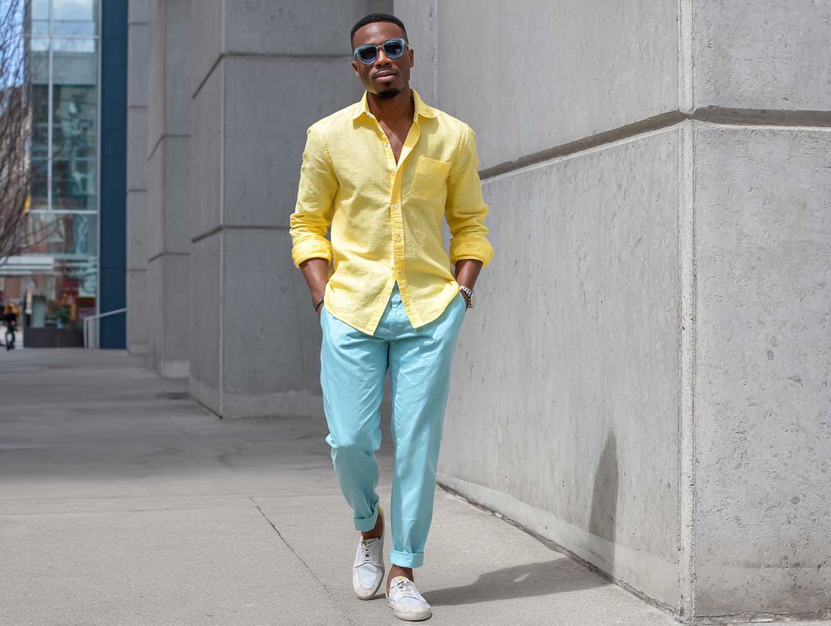 How to Style Mens Casual Outfit Ideas in Lemon Yellow and Aqua