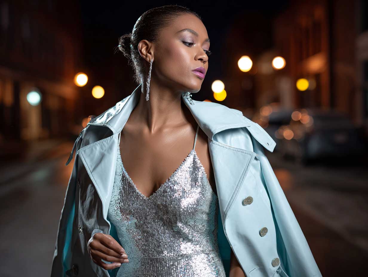 bold woman wearing a metallic silver sequin bodysuit layered under an oversized ice blue leather trench coat, nighttime fashion editorial scene, city lights reflecting, high contrast urban vibe