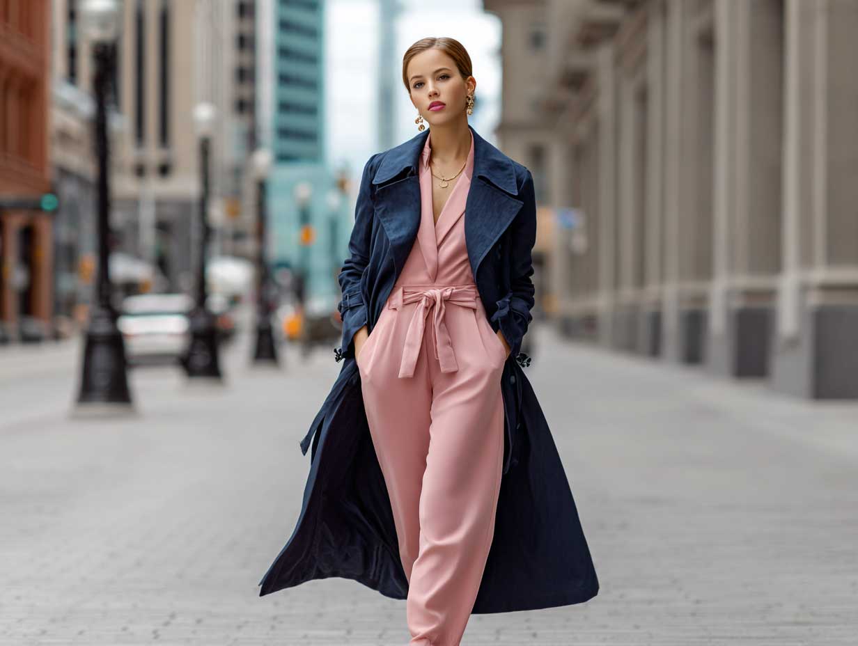 stylish woman in a blush pink tailored jumpsuit layered with a navy trench coat, evening city street background, minimal makeup, sleek hairstyle, softly lit with cinematic feel
