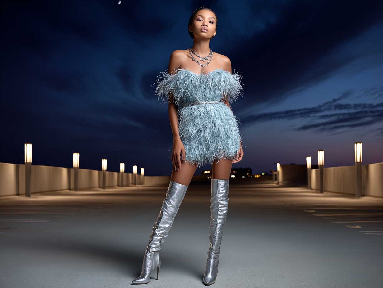 fashion-forward woman in an ice blue feathered mini dress with silver metallic thigh-high boots, nightlife glow, dramatic lighting, moody evening background, bold and eccentric styling