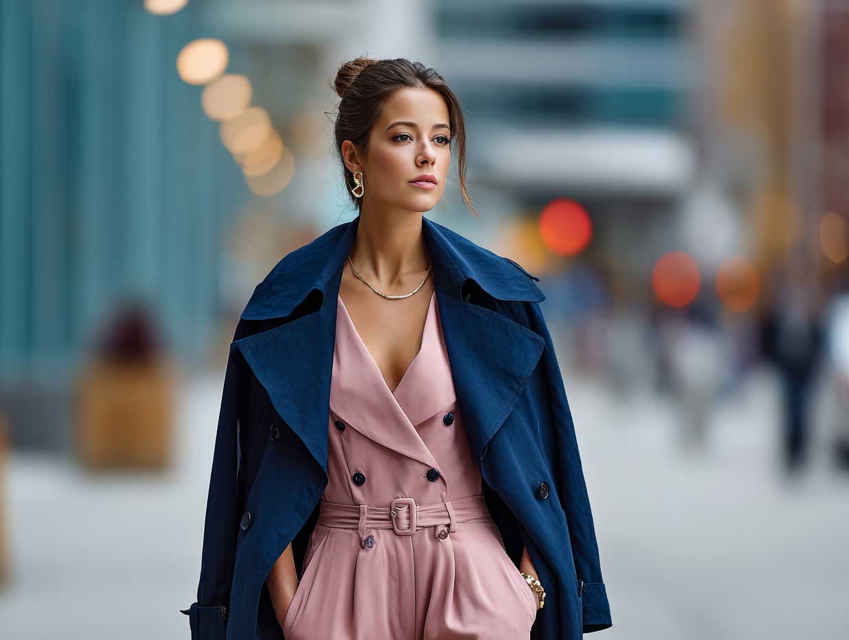 stylish woman in a blush pink tailored jumpsuit layered with a navy trench coat, evening city street background, minimal makeup, sleek hairstyle, softly lit with cinematic feel