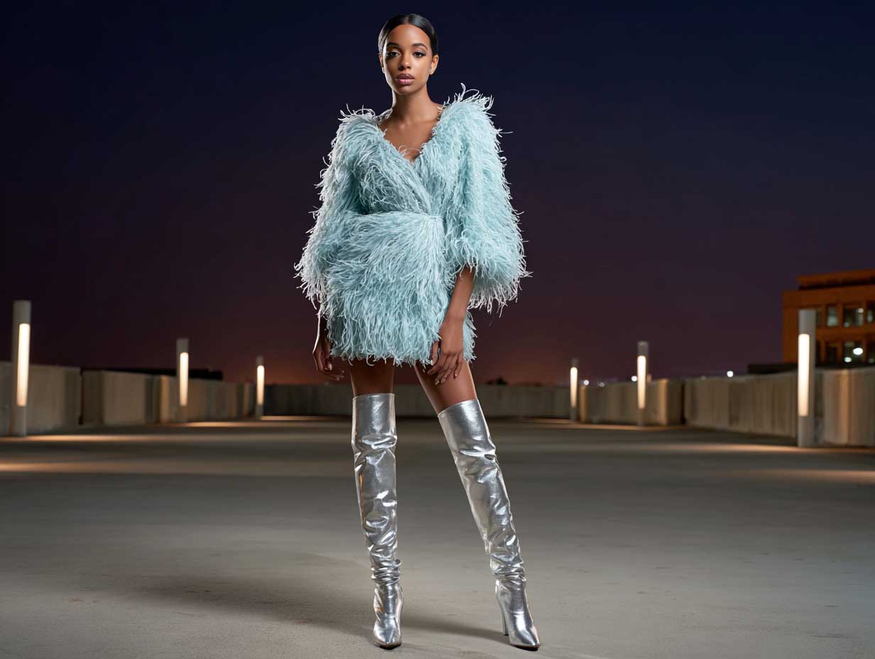 fashion-forward woman in an ice blue feathered mini dress with silver metallic thigh-high boots, nightlife glow, dramatic lighting, moody evening background, bold and eccentric styling