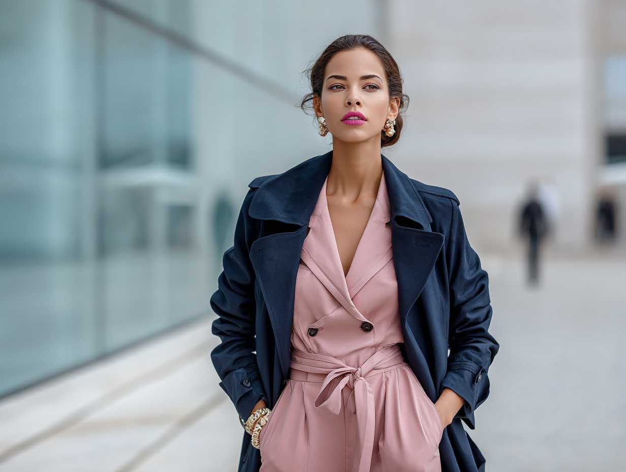 stylish woman in a blush pink tailored jumpsuit layered with a navy trench coat, evening city street background, minimal makeup, sleek hairstyle, softly lit with cinematic feel