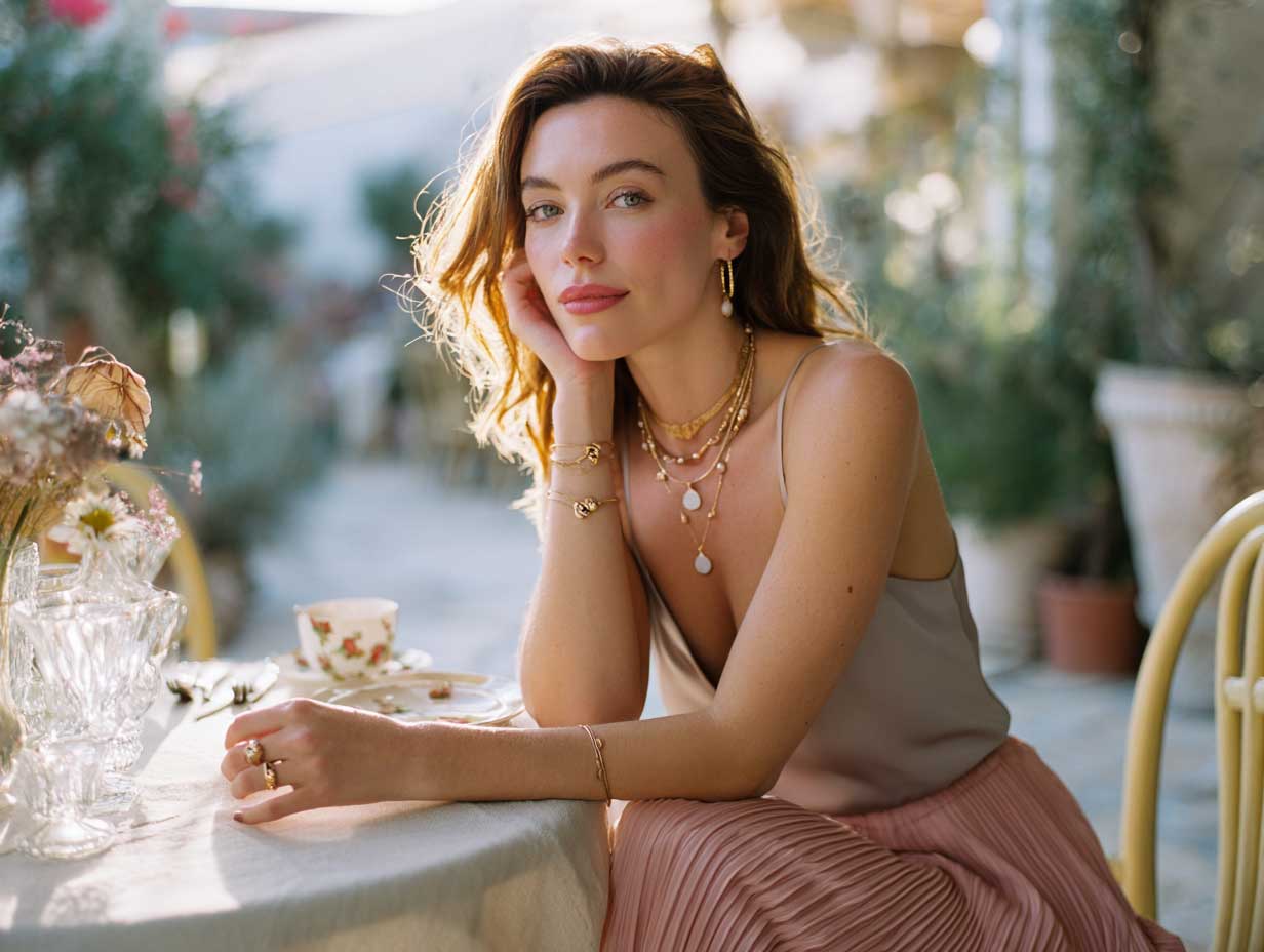 woman in a flowing blush pink pleated midi skirt with a navy silk camisole top, golden hour light, garden cafe setting, delicate jewelry, soft and romantic mood