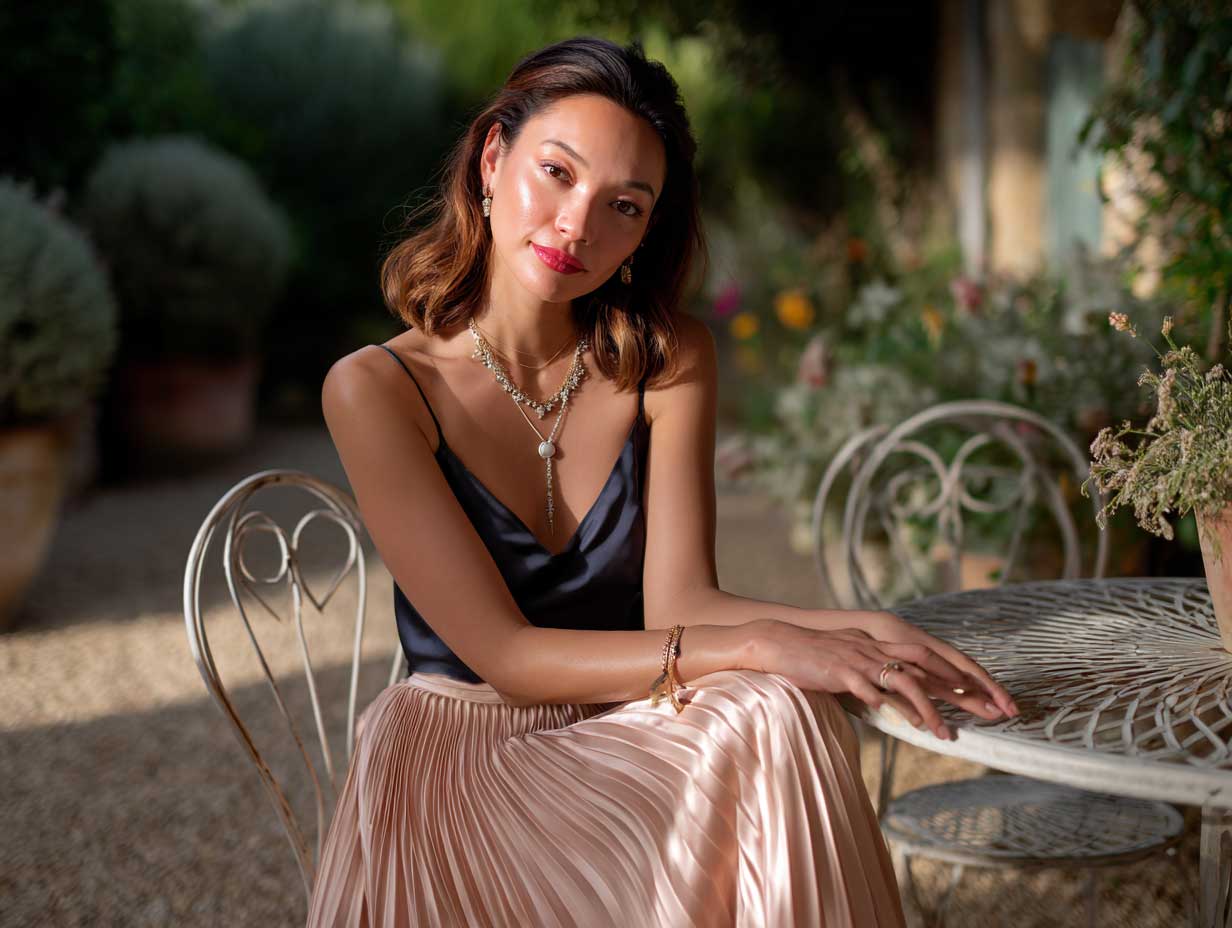woman in a flowing blush pink pleated midi skirt with a navy silk camisole top, golden hour light, garden cafe setting, delicate jewelry, soft and romantic mood