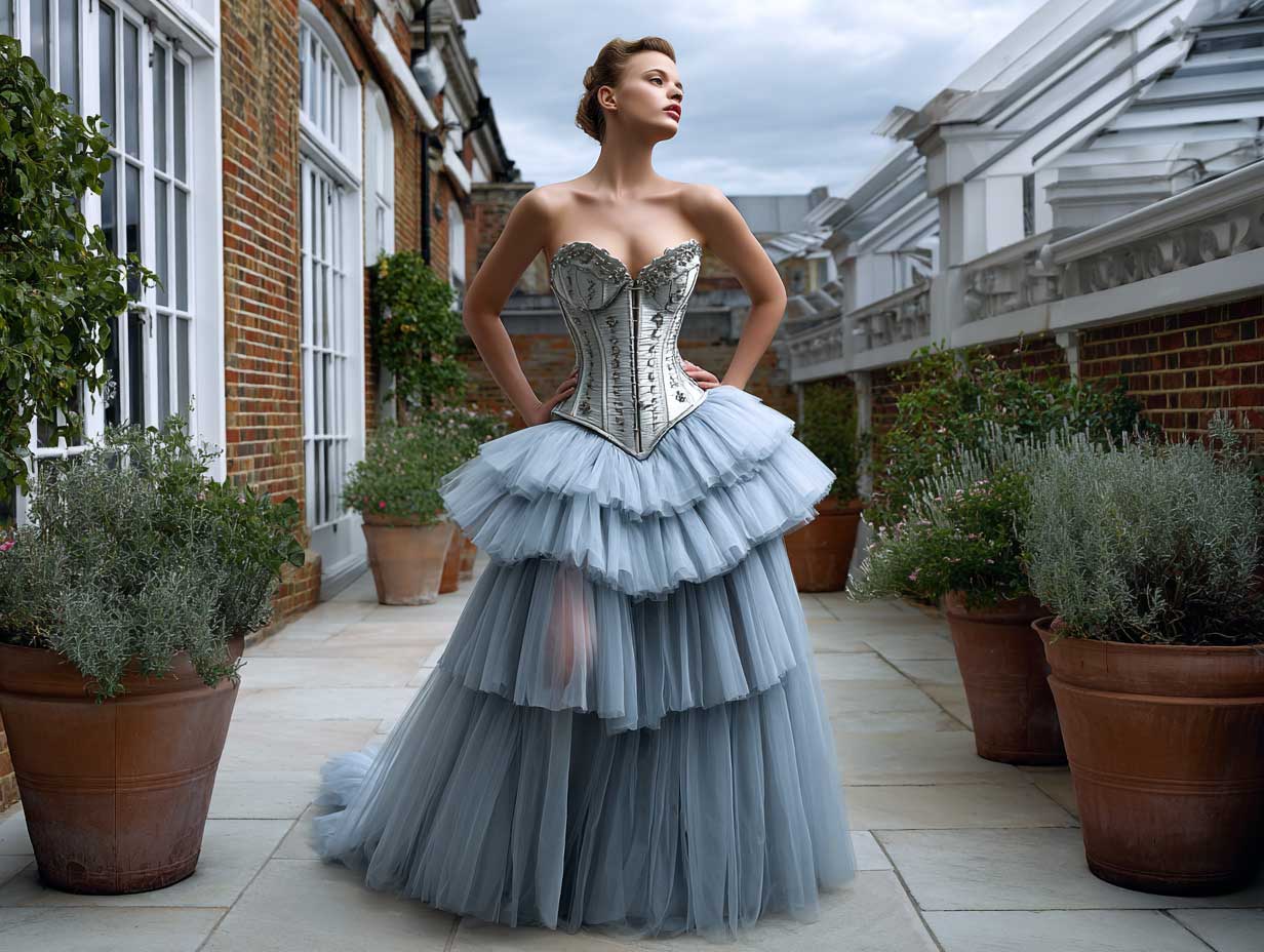 romantic woman in a structured silver corset paired with a voluminous layered ice blue tulle skirt, moonlit terrace, elegant fantasy styling, soft glow and architectural fashion details