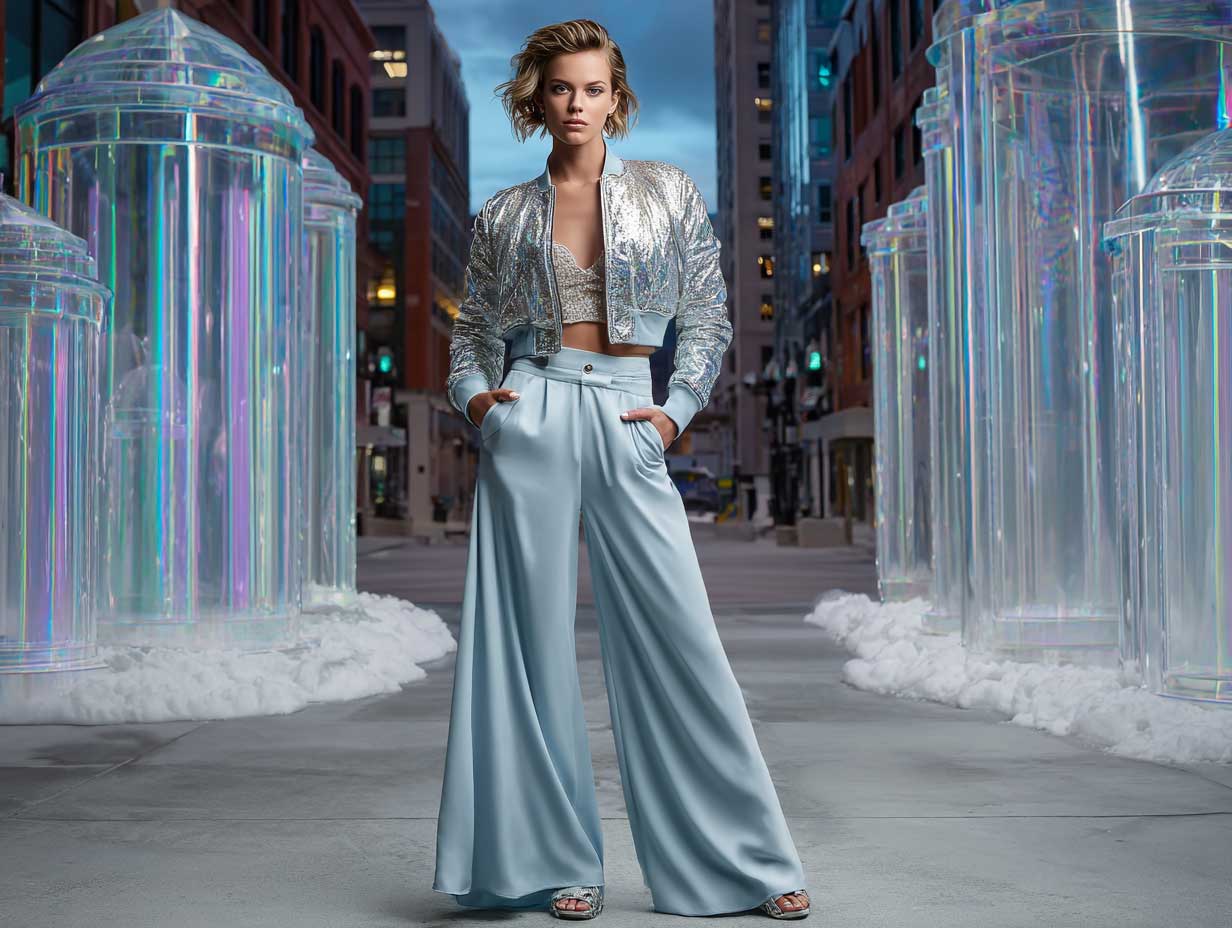 woman wearing a silver holographic bomber jacket and flowing ice blue slip pants, futuristic night street scene, neon city glow, iridescent reflections, edgy and modern styling