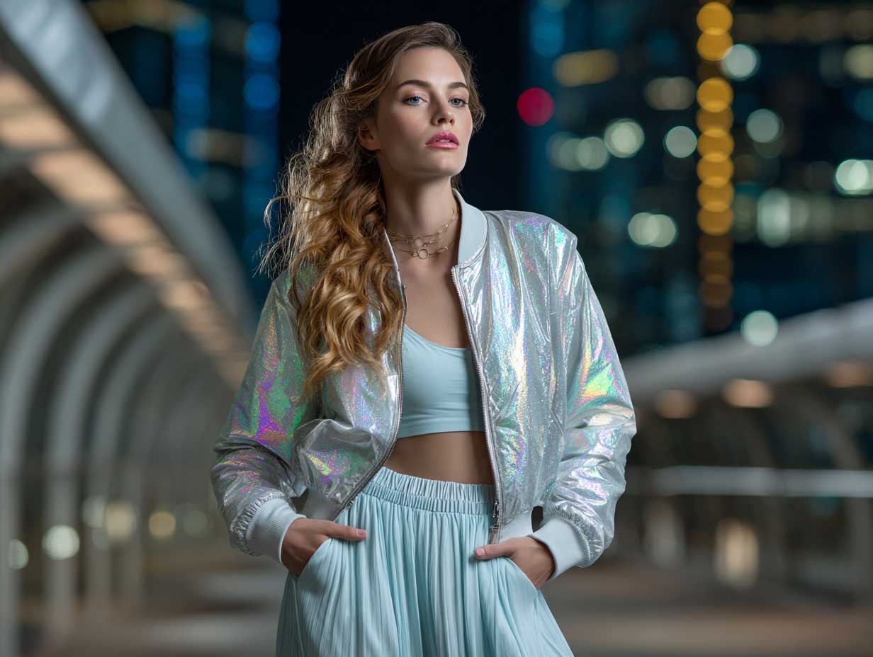 woman wearing a silver holographic bomber jacket and flowing ice blue slip pants, futuristic night street scene, neon city glow, iridescent reflections, edgy and modern styling