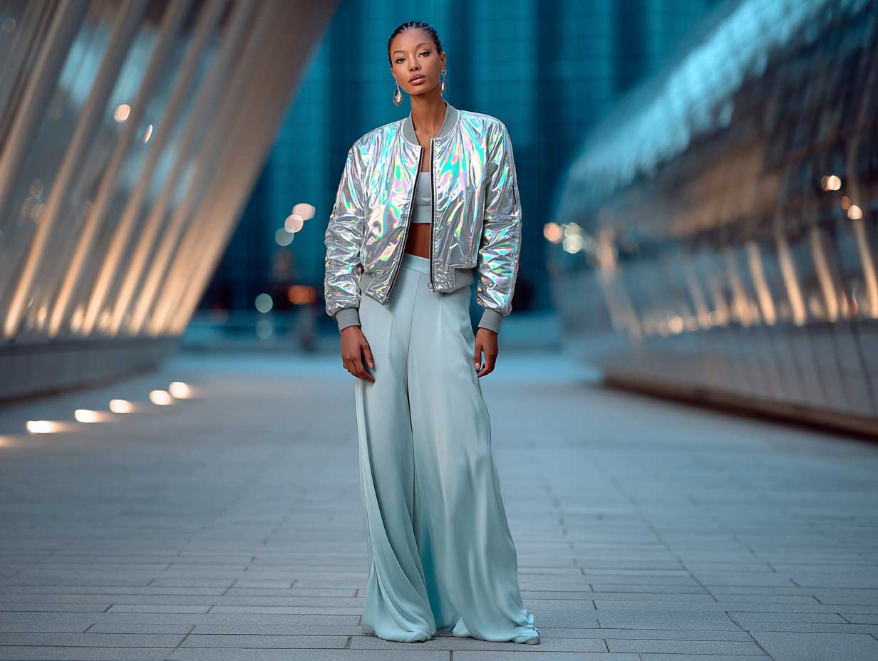 woman wearing a silver holographic bomber jacket and flowing ice blue slip pants, futuristic night street scene, neon city glow, iridescent reflections, edgy and modern styling