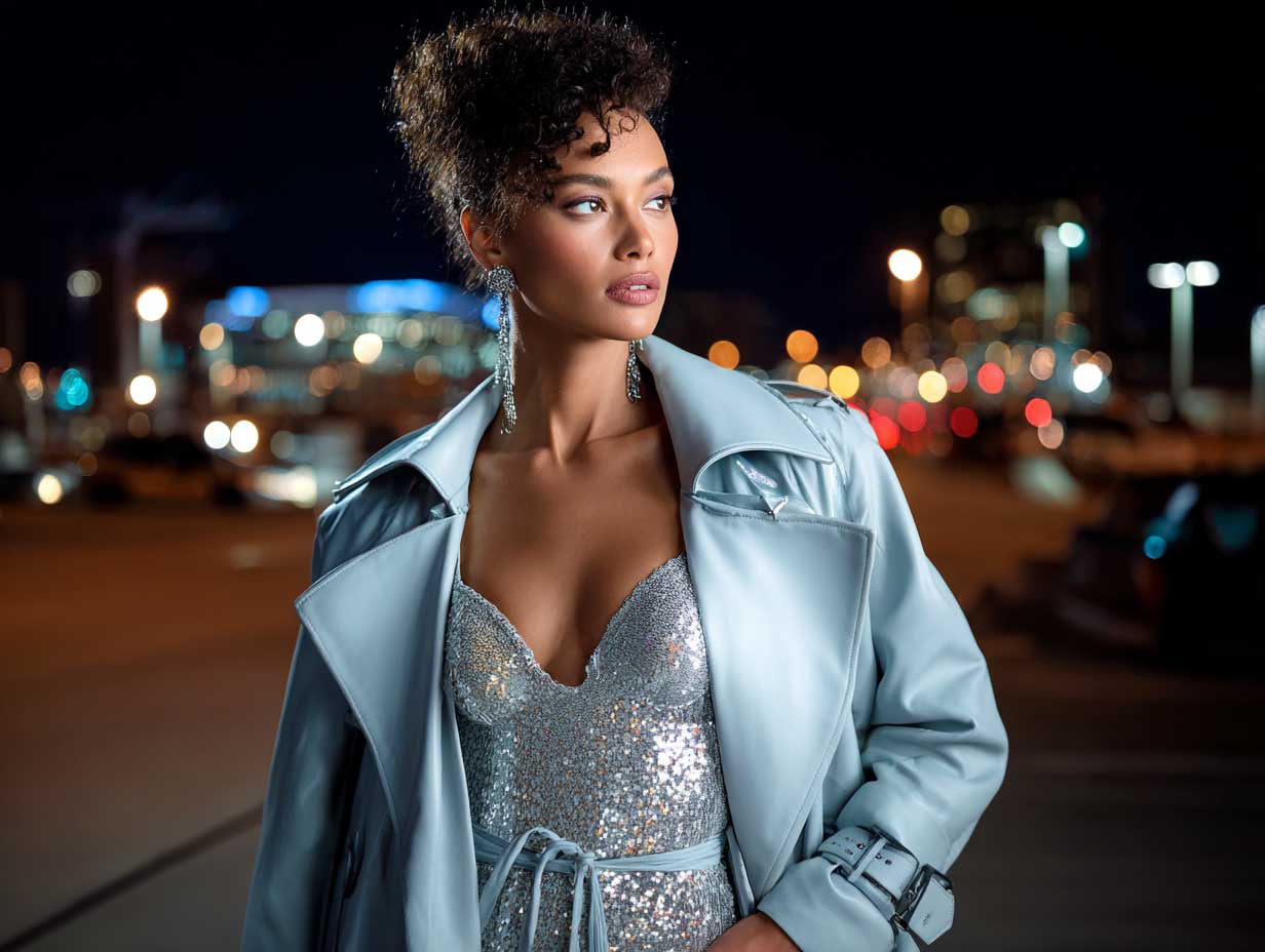 bold woman wearing a metallic silver sequin bodysuit layered under an oversized ice blue leather trench coat, nighttime fashion editorial scene, city lights reflecting, high contrast urban vibe
