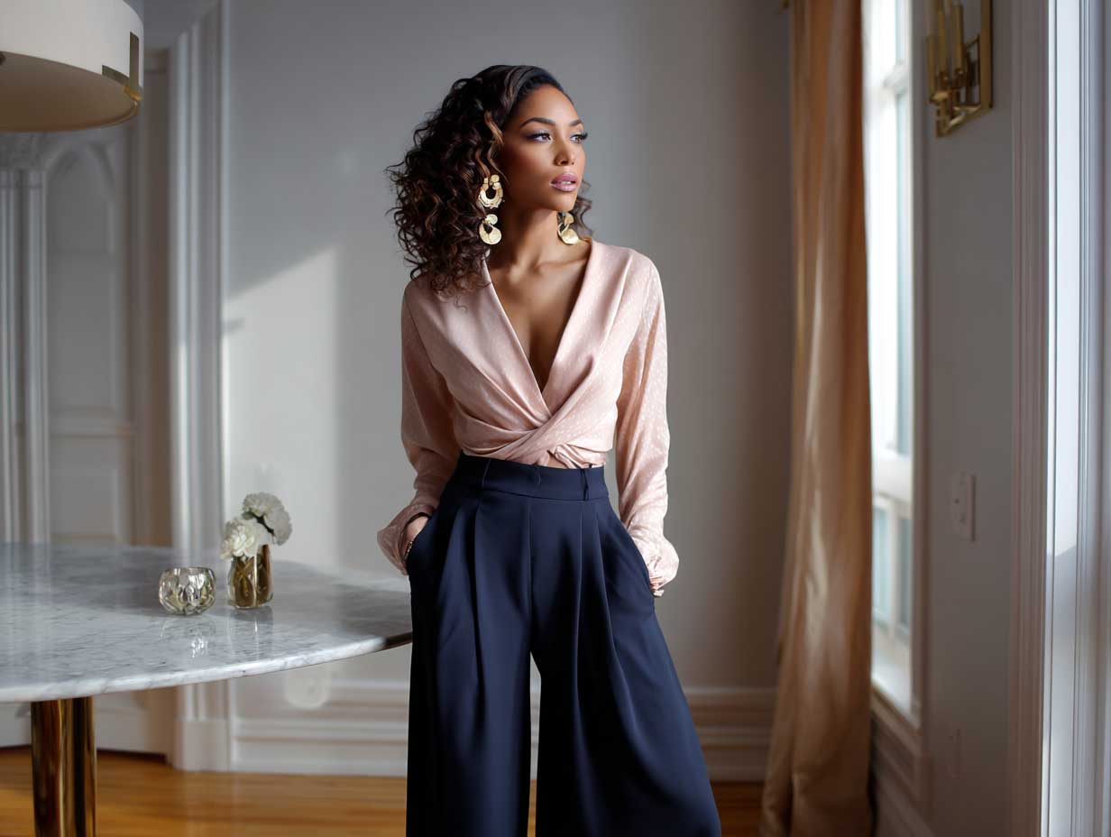 elegant woman wearing navy wide-leg trousers with a blush pink wrap blouse, romantic indoor setting with warm lighting, soft curls, gold accessories, refined and minimalistic