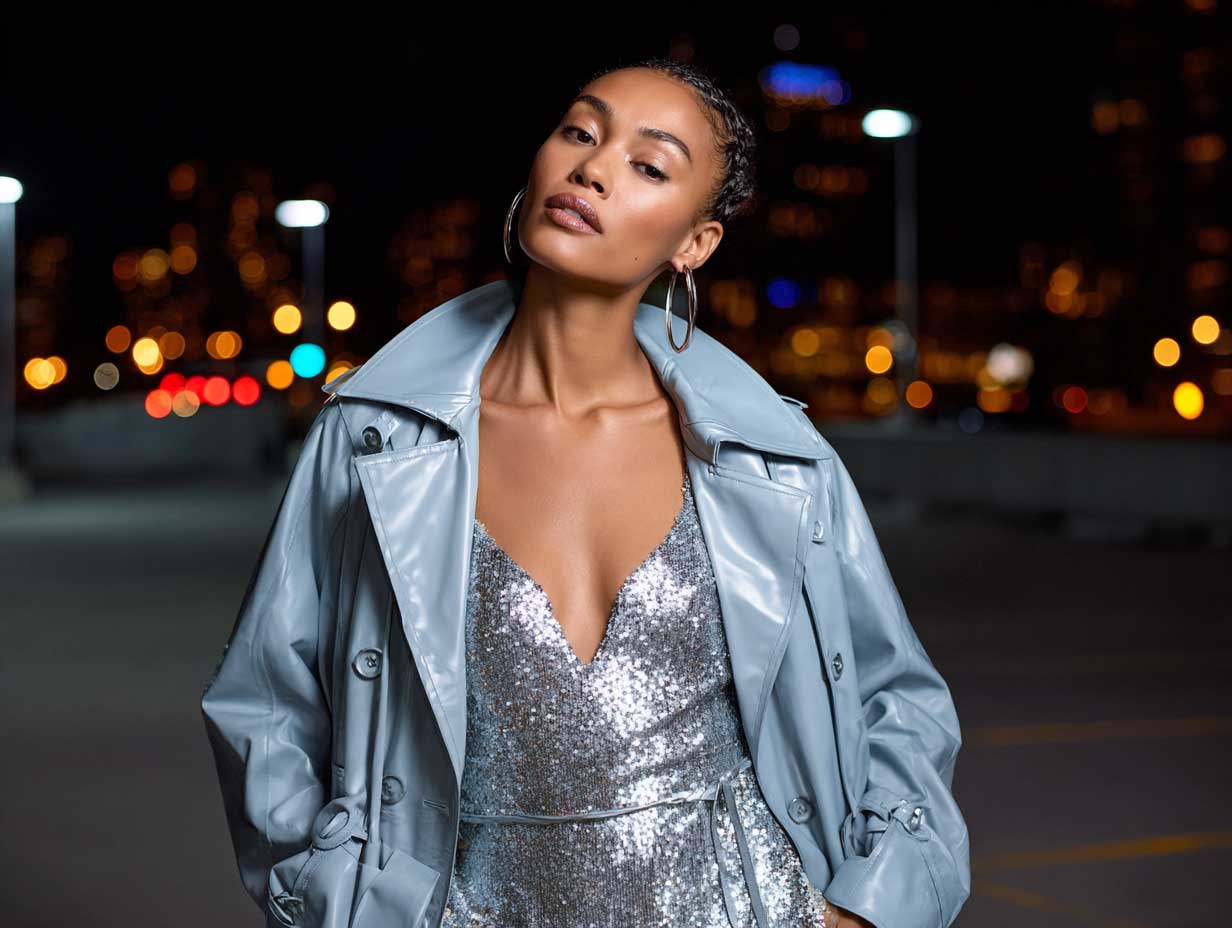 bold woman wearing a metallic silver sequin bodysuit layered under an oversized ice blue leather trench coat, nighttime fashion editorial scene, city lights reflecting, high contrast urban vibe