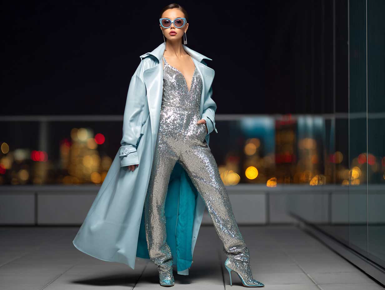 bold woman wearing a metallic silver sequin bodysuit layered under an oversized ice blue leather trench coat, nighttime fashion editorial scene, city lights reflecting, high contrast urban vibe
