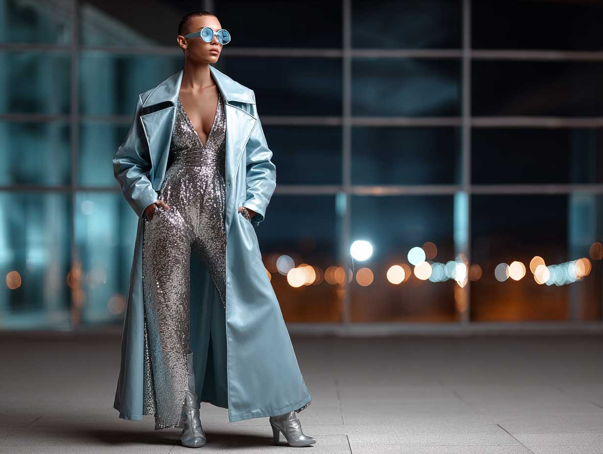bold woman wearing a metallic silver sequin bodysuit layered under an oversized ice blue leather trench coat, nighttime fashion editorial scene, city lights reflecting, high contrast urban vibe
