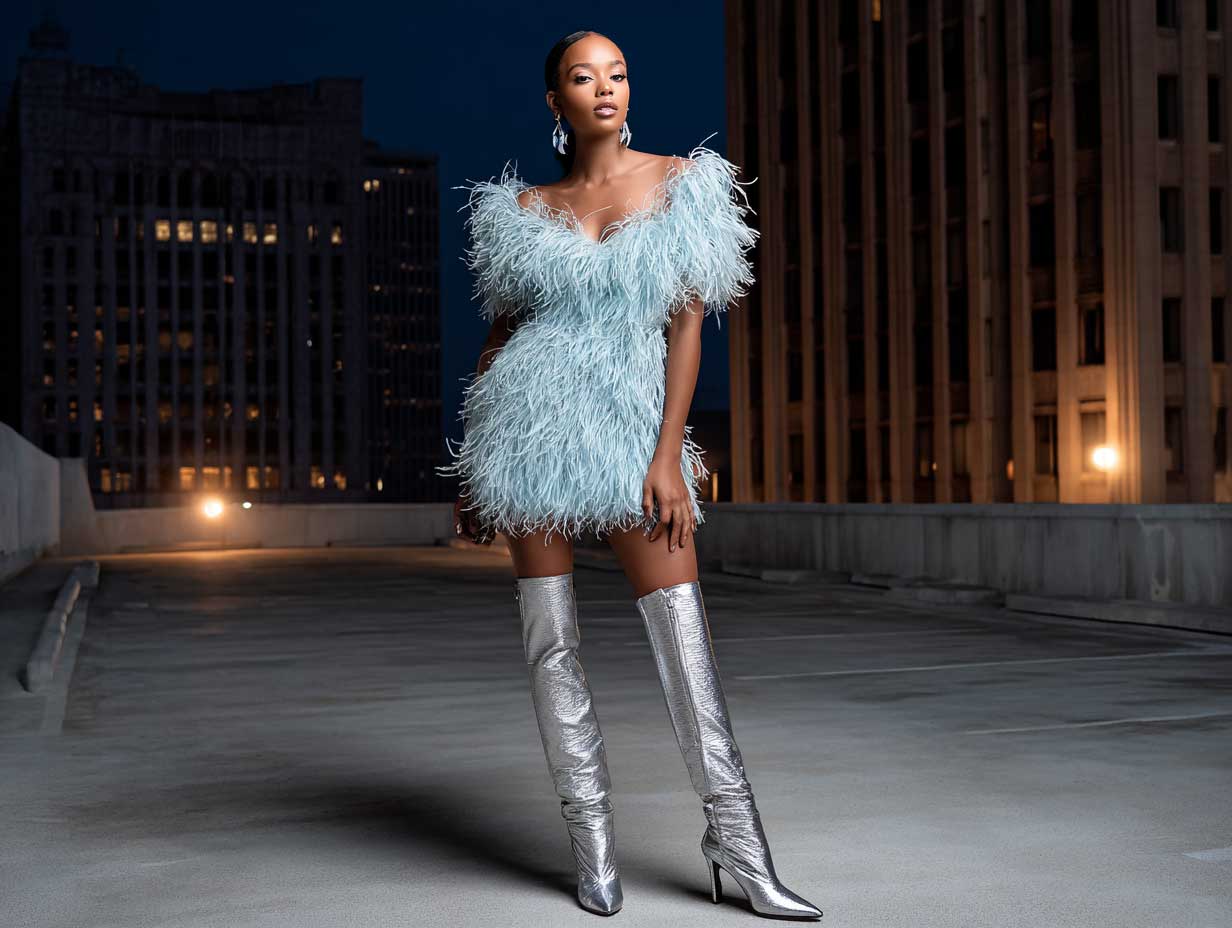 fashion-forward woman in an ice blue feathered mini dress with silver metallic thigh-high boots, nightlife glow, dramatic lighting, moody evening background, bold and eccentric styling