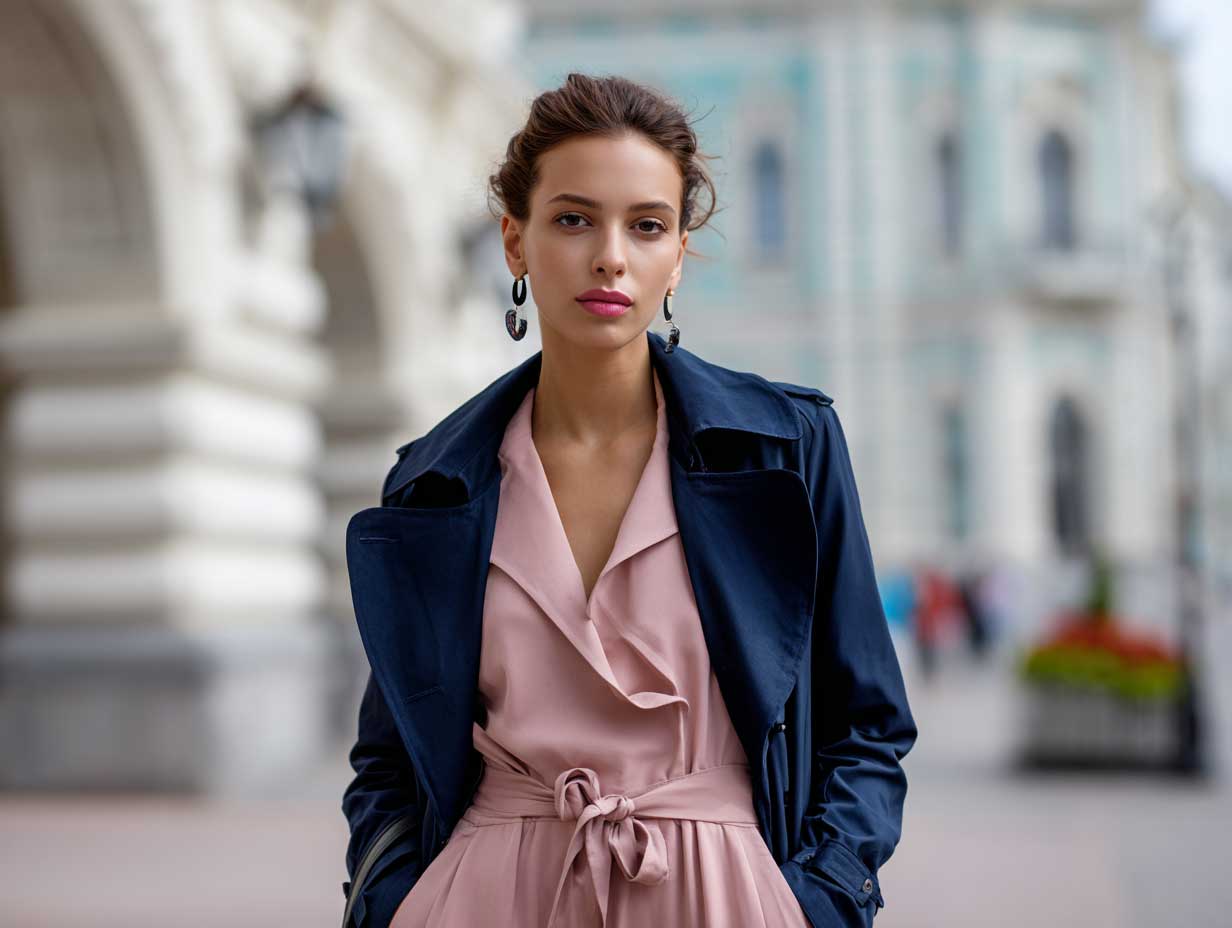 stylish woman in a blush pink tailored jumpsuit layered with a navy trench coat, evening city street background, minimal makeup, sleek hairstyle, softly lit with cinematic feel
