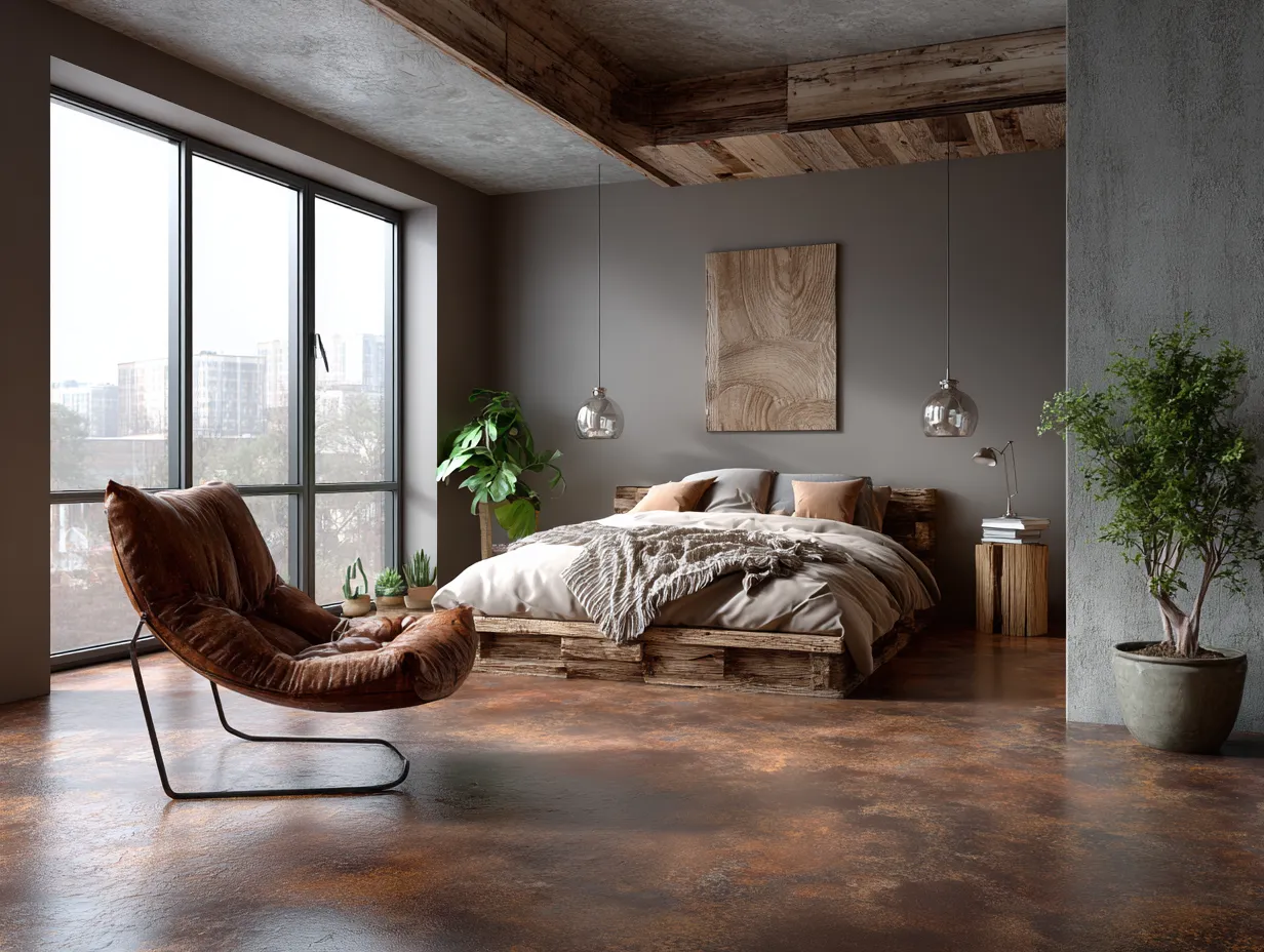 industrial loft bedroom with rusty terracotta concrete tile flooring, distressed leather chair, reclaimed wood accents, minimalist decor, floor-to-ceiling windows, urban interior style