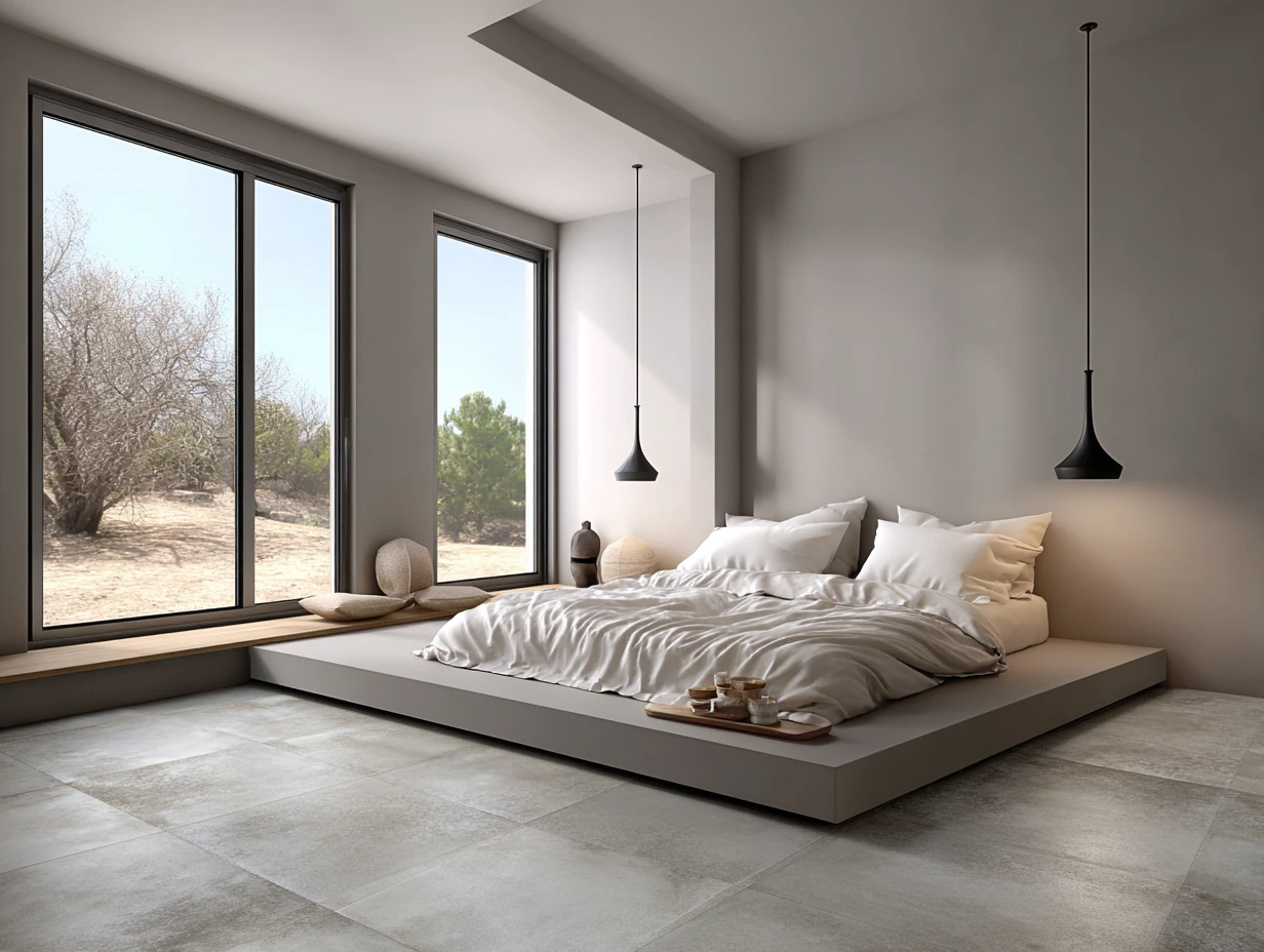 floor-level view of a minimalist bedroom with soft concrete gray ceramic tile flooring, sleek platform bed with clean lines, white linen bedding, matte black fixtures, large windows with natural light, warm gray walls, modern interior design