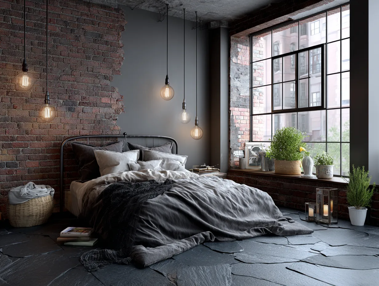 urban loft bedroom with charcoal graphite slate floor tiles, industrial interior design, exposed brick wall, metal bed frame, Edison bulb pendant lights, modern and moody atmosphere