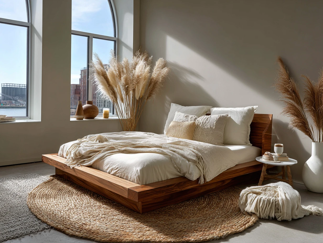 sunlit modern bedroom with warm sandstone beige ceramic tile flooring, natural wood bedframe, white and cream bedding, woven jute rug, indoor pampas grass, earthy and organic modern aesthetic
