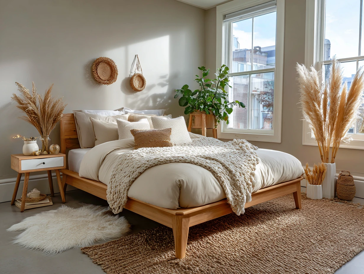 sunlit modern bedroom with warm sandstone beige ceramic tile flooring, natural wood bedframe, white and cream bedding, woven jute rug, indoor pampas grass, earthy and organic modern aesthetic