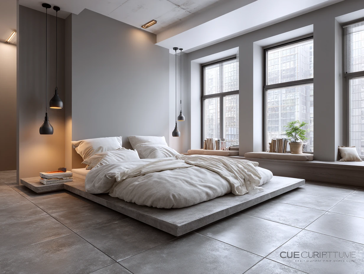 floor-level view of a minimalist bedroom with soft concrete gray ceramic tile flooring, sleek platform bed with clean lines, white linen bedding, matte black fixtures, large windows with natural light, warm gray walls, modern interior design