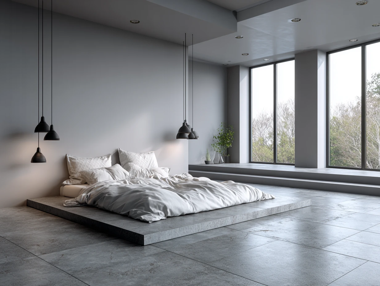 floor-level view of a minimalist bedroom with soft concrete gray ceramic tile flooring, sleek platform bed with clean lines, white linen bedding, matte black fixtures, large windows with natural light, warm gray walls, modern interior design