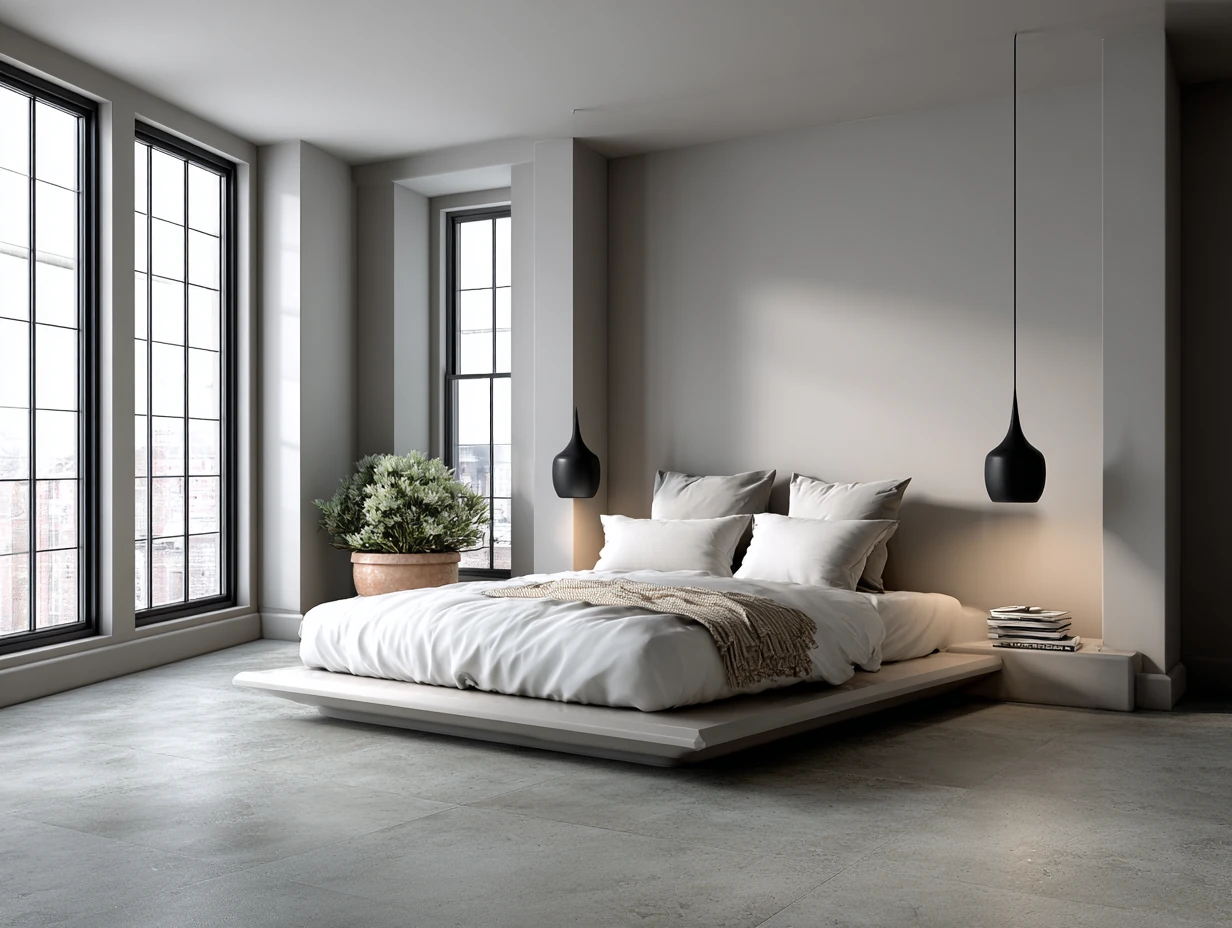 floor-level view of a minimalist bedroom with soft concrete gray ceramic tile flooring, sleek platform bed with clean lines, white linen bedding, matte black fixtures, large windows with natural light, warm gray walls, modern interior design