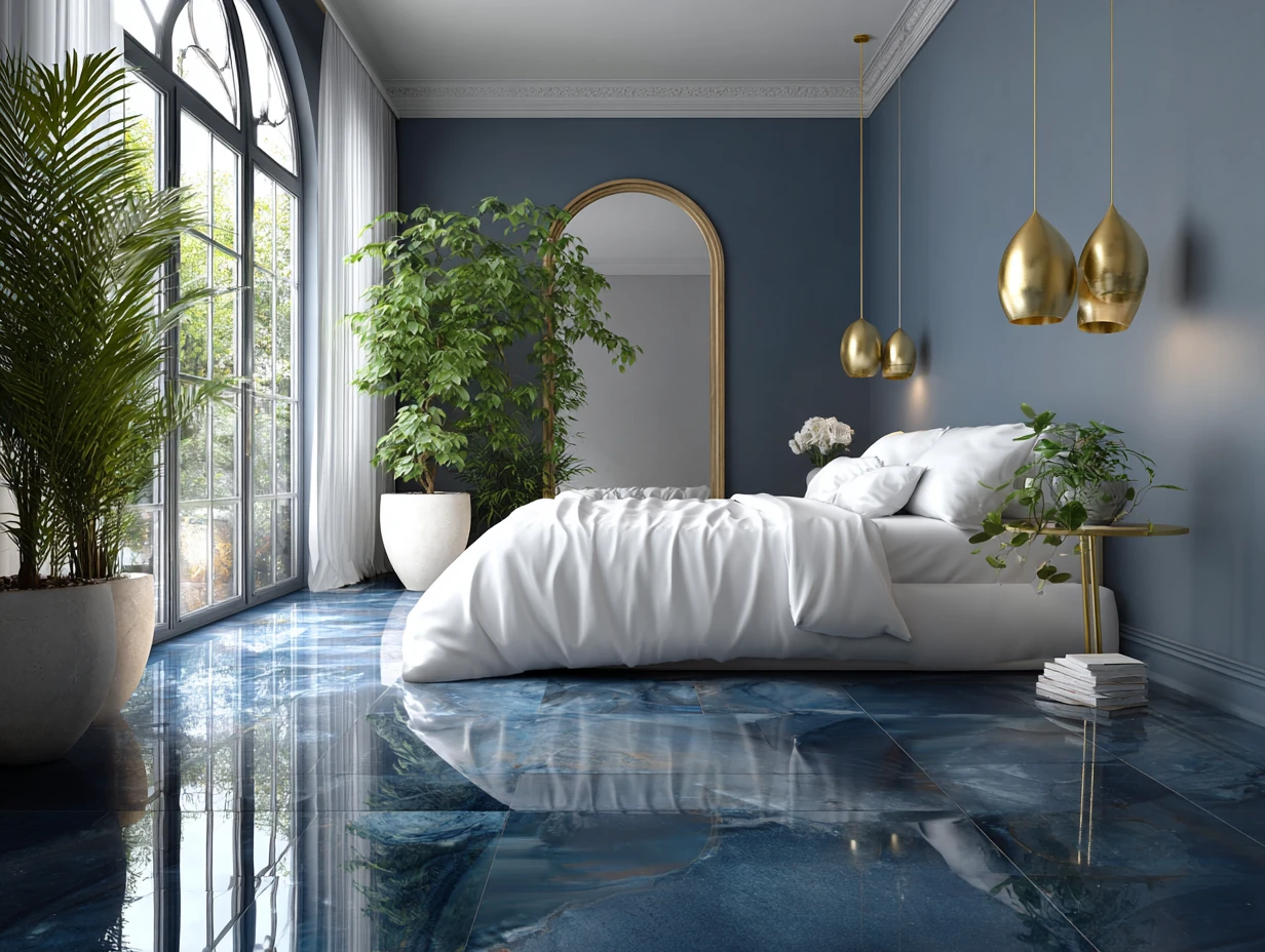 stylish bedroom interior with matte midnight blue porcelain tile flooring, full-length view, white bed linens, brass light fixtures, minimalist decor, indoor potted plants, soft LED lighting, elegant and modern bedroom
