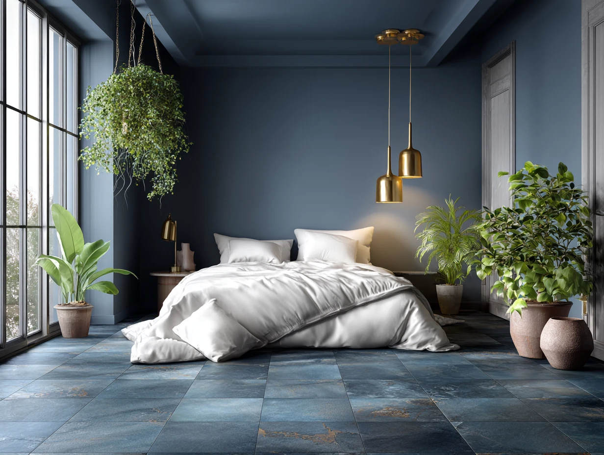 stylish bedroom interior with matte midnight blue porcelain tile flooring, full-length view, white bed linens, brass light fixtures, minimalist decor, indoor potted plants, soft LED lighting, elegant and modern bedroom