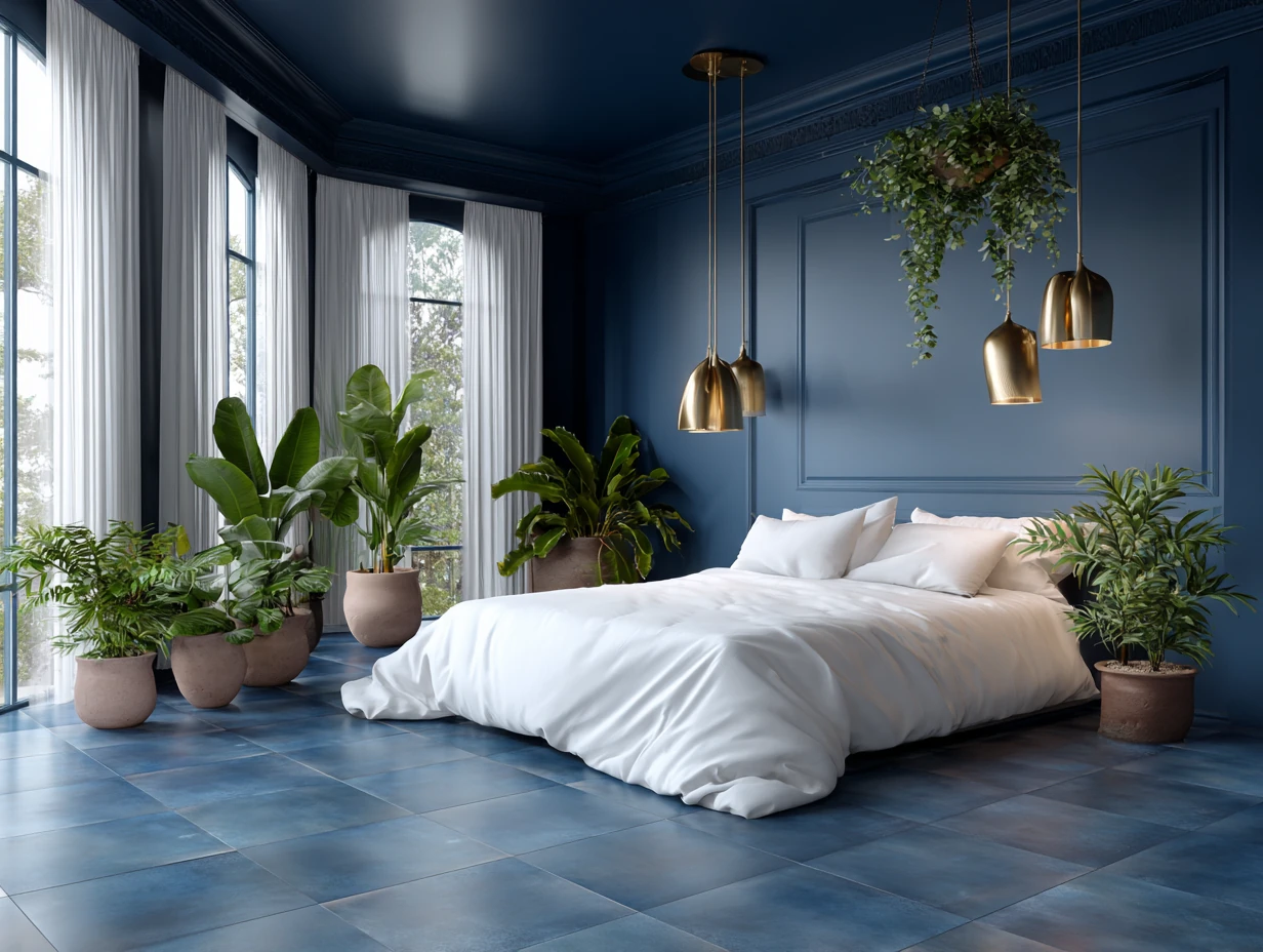 stylish bedroom interior with matte midnight blue porcelain tile flooring, full-length view, white bed linens, brass light fixtures, minimalist decor, indoor potted plants, soft LED lighting, elegant and modern bedroom