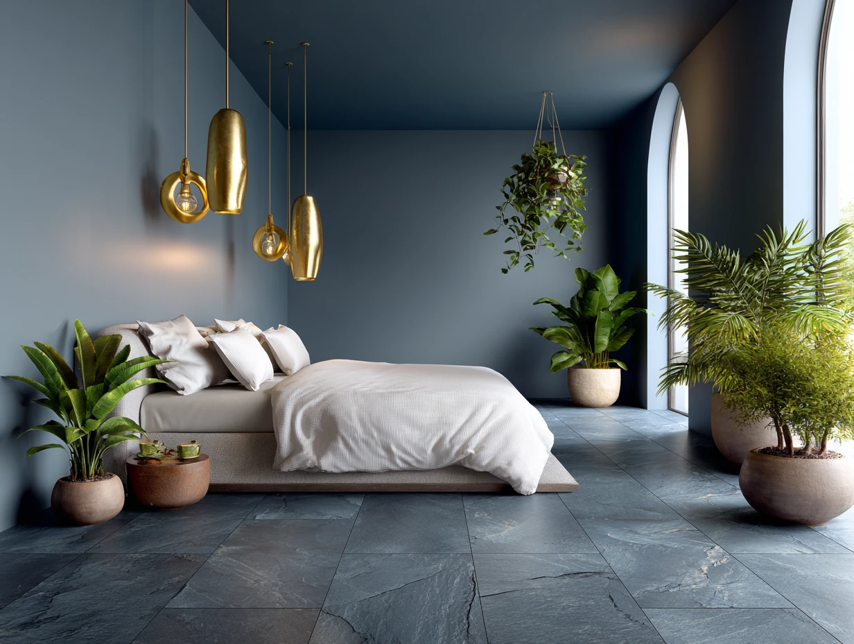 stylish bedroom interior with matte midnight blue porcelain tile flooring, full-length view, white bed linens, brass light fixtures, minimalist decor, indoor potted plants, soft LED lighting, elegant and modern bedroom