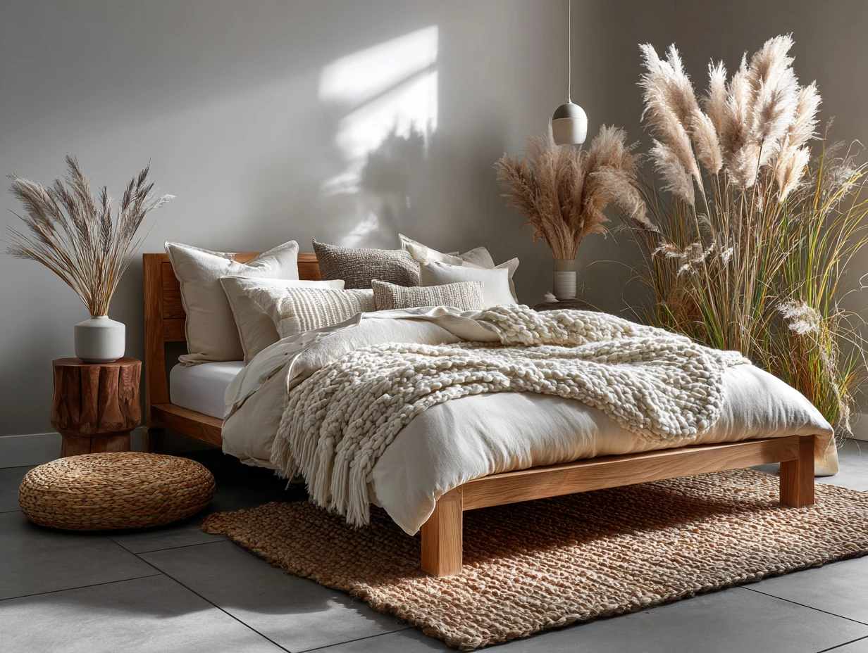 sunlit modern bedroom with warm sandstone beige ceramic tile flooring, natural wood bedframe, white and cream bedding, woven jute rug, indoor pampas grass, earthy and organic modern aesthetic