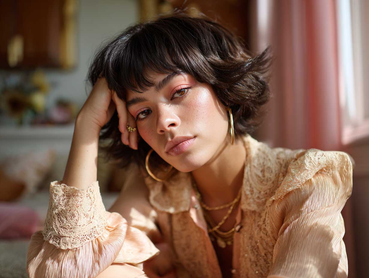full-length portrait, young woman with a bixie cut featuring feathered layers and curtain bangs, 70s-inspired outfit, soft pastel color palette, golden hour lighting, vintage ambiance, Fujifilm aesthetic, shallow depth of field, natural makeup, retro-modern fusion style