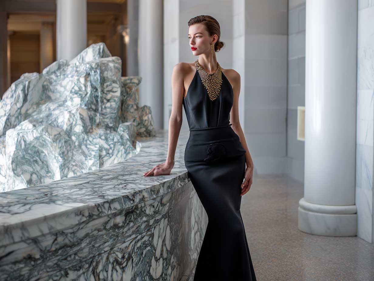 full-length supermodel in black structured column skirt with high waist paired with minimalist gold halter shell top marble museum interior sleek hairstyle clean lighting
