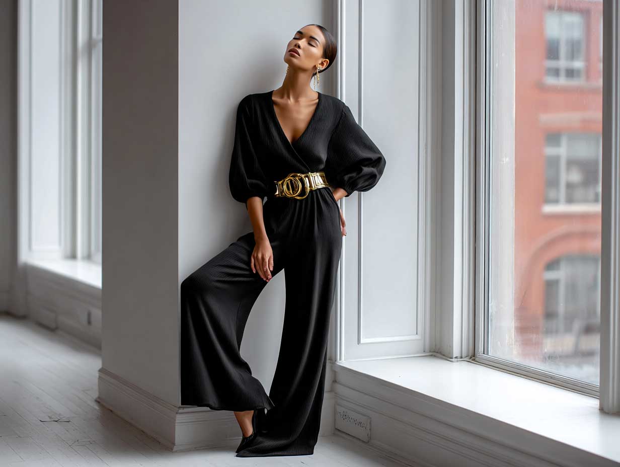 full-length supermodel in minimalist black wide leg jumpsuit cinched with high-gloss gold vinyl belt clean urban setting soft backlight natural pose --v 6 --style raw